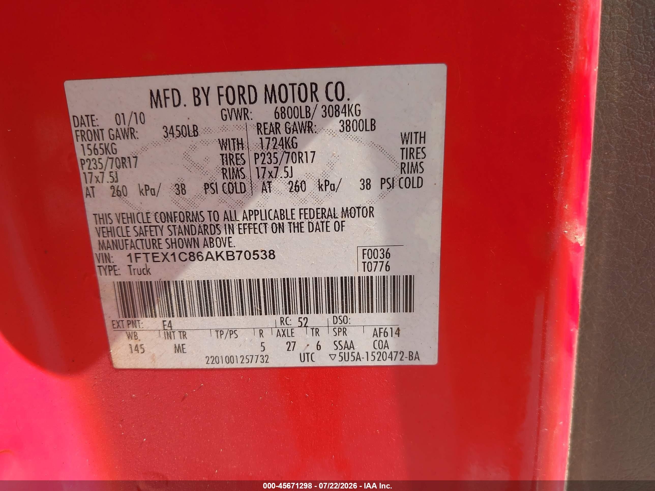 2010 Ford F150 Super Cab Red vin: 1FTEX1C86AKB70538