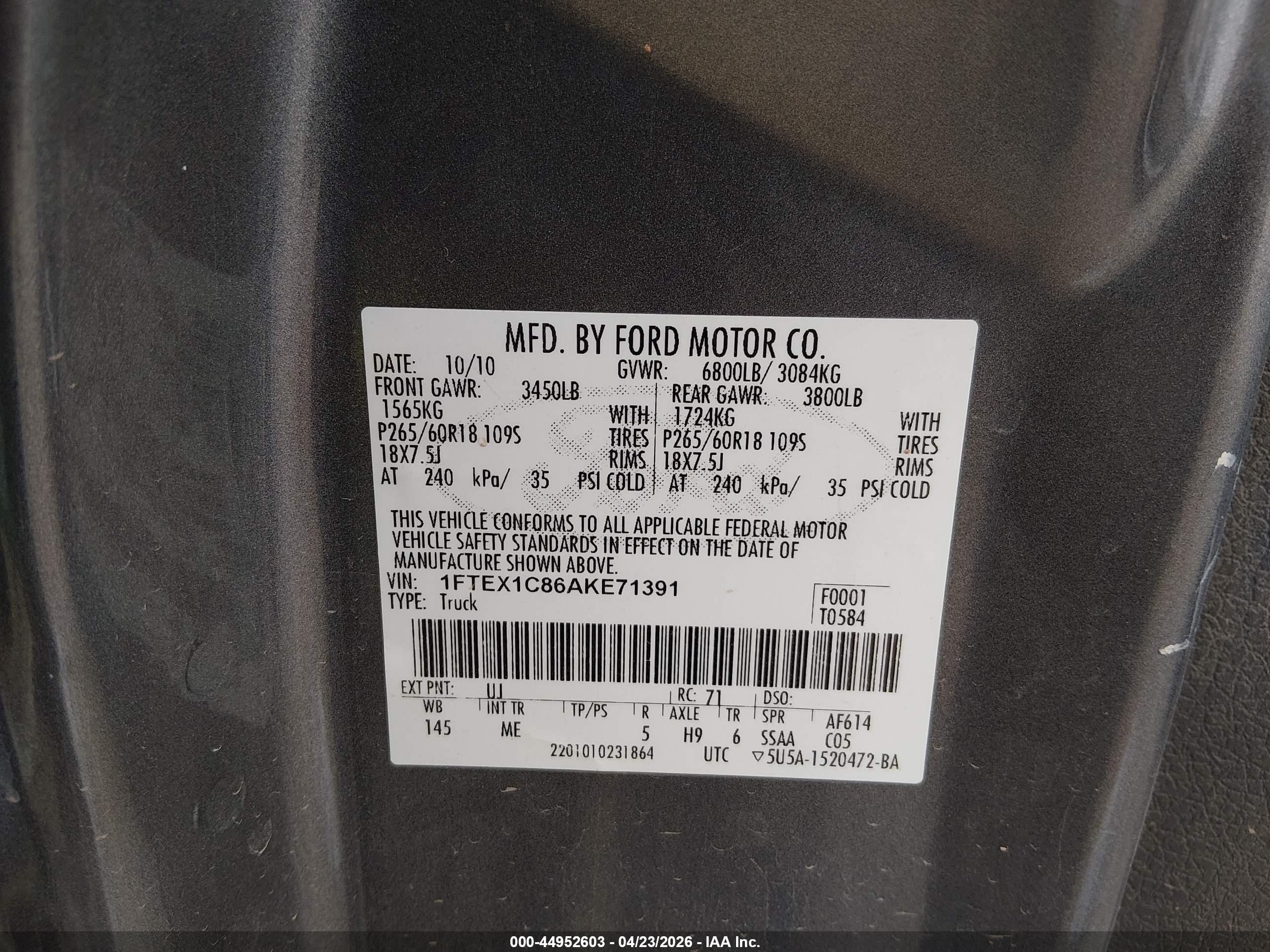 2010 Ford F-150 Fx2 Sport/stx/xl/xlt Gray vin: 1FTEX1C86AKE71391