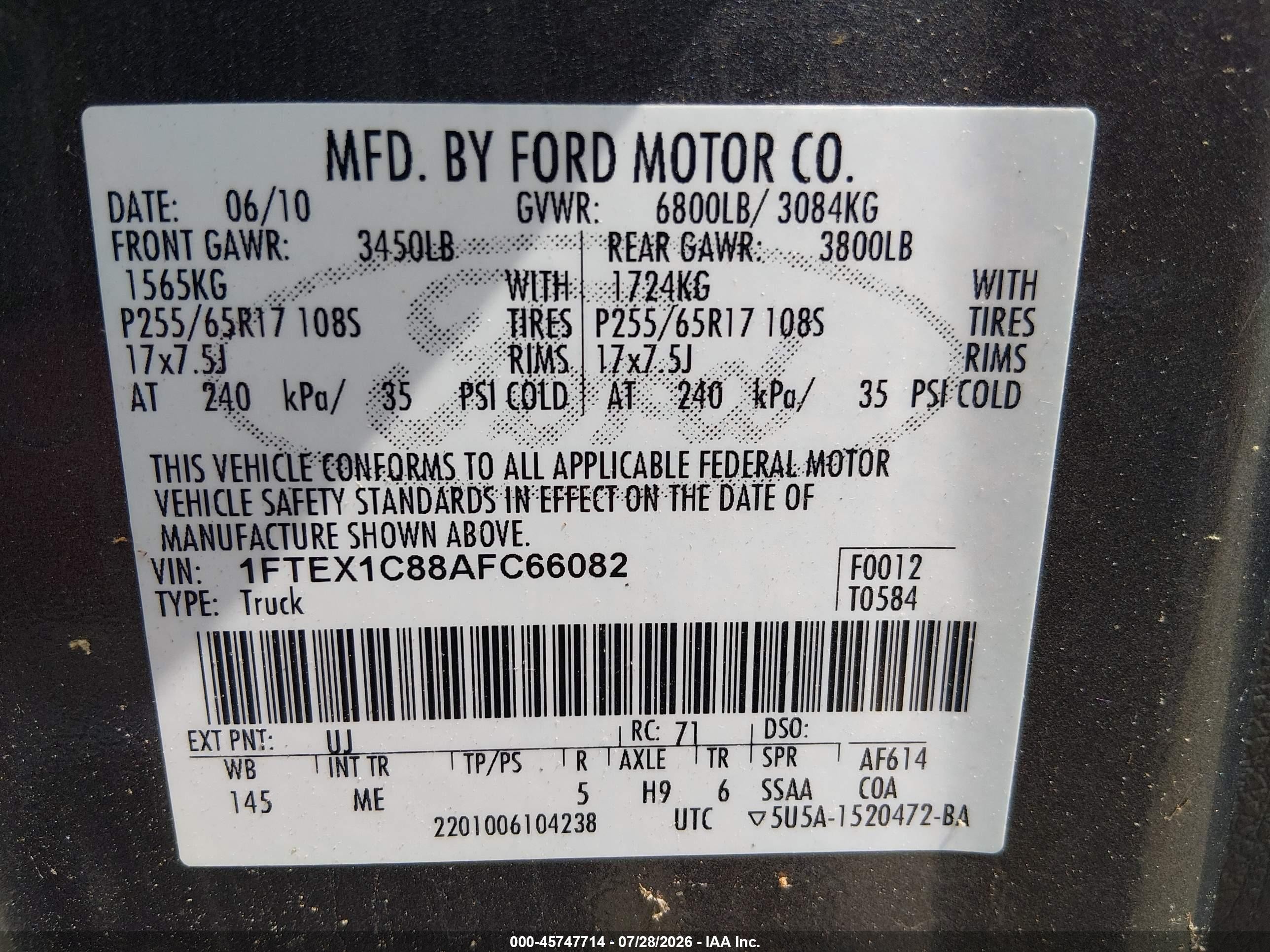 2010 Ford F-150 Fx2 Sport/stx/xl/xlt Серый vin: 1FTEX1C88AFC66082