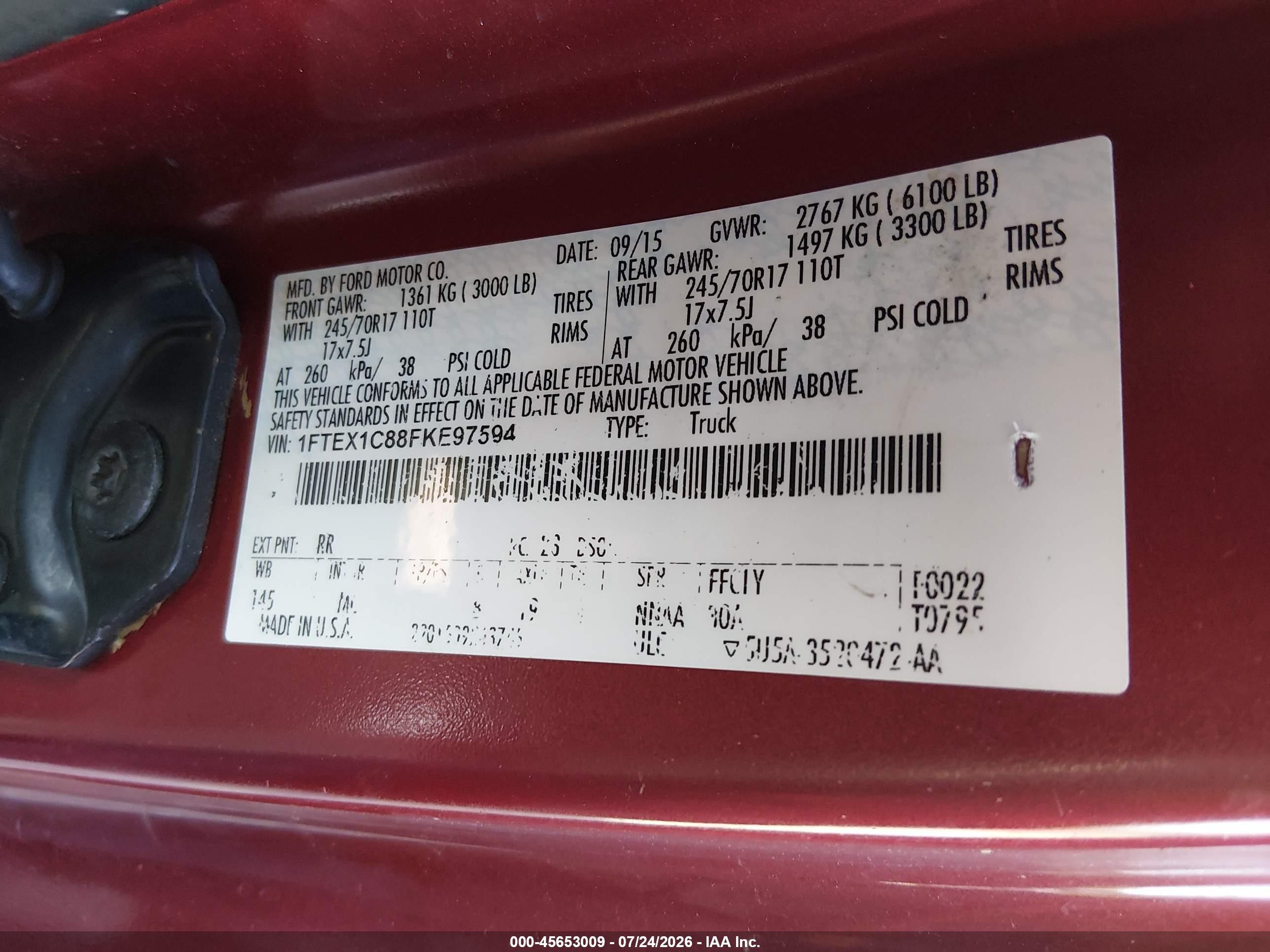2015 Ford F-150 Xlt Red vin: 1FTEX1C88FKE97594