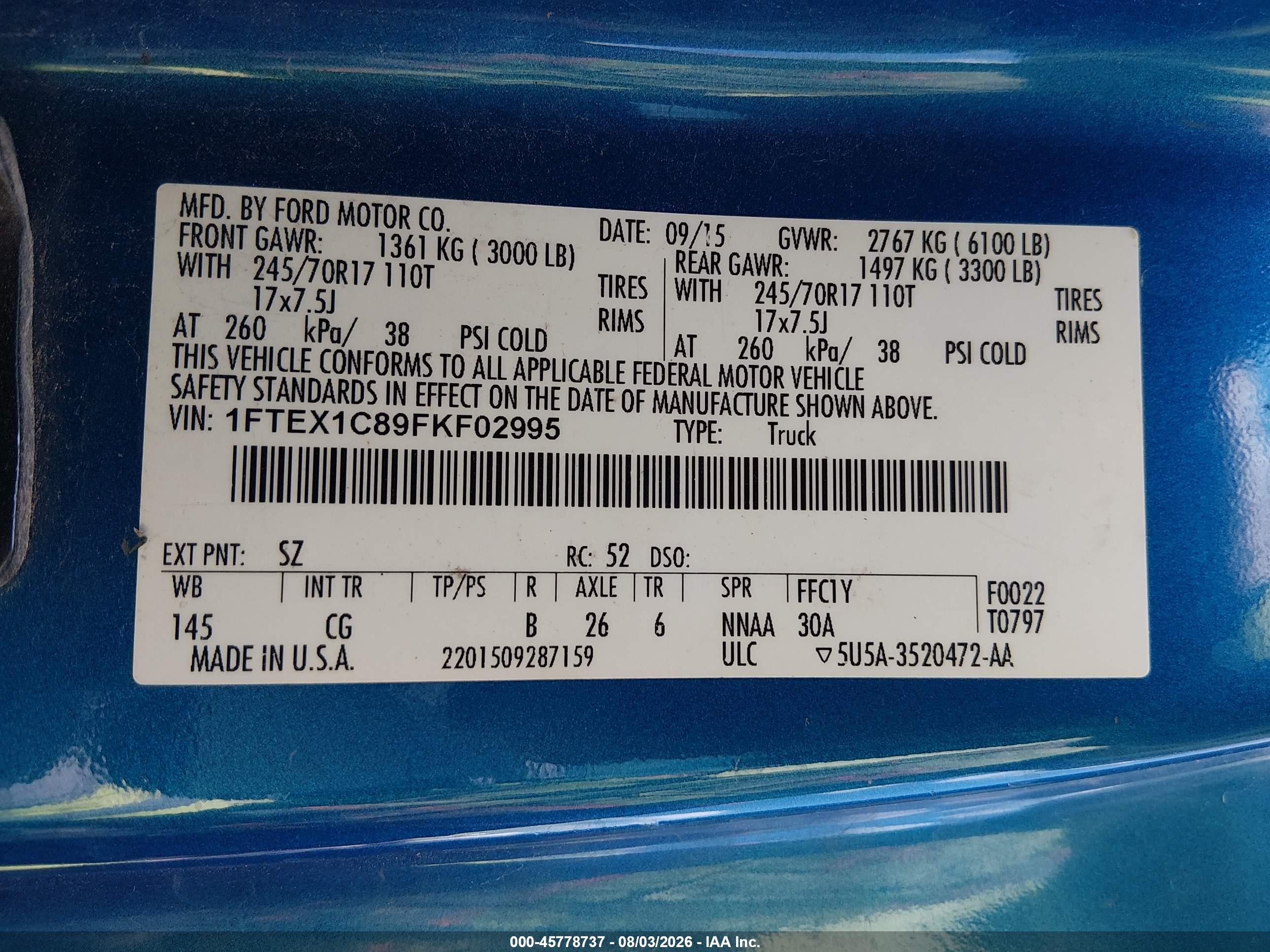 2015 Ford F-150 Xl Blue vin: 1FTEX1C89FKF02995