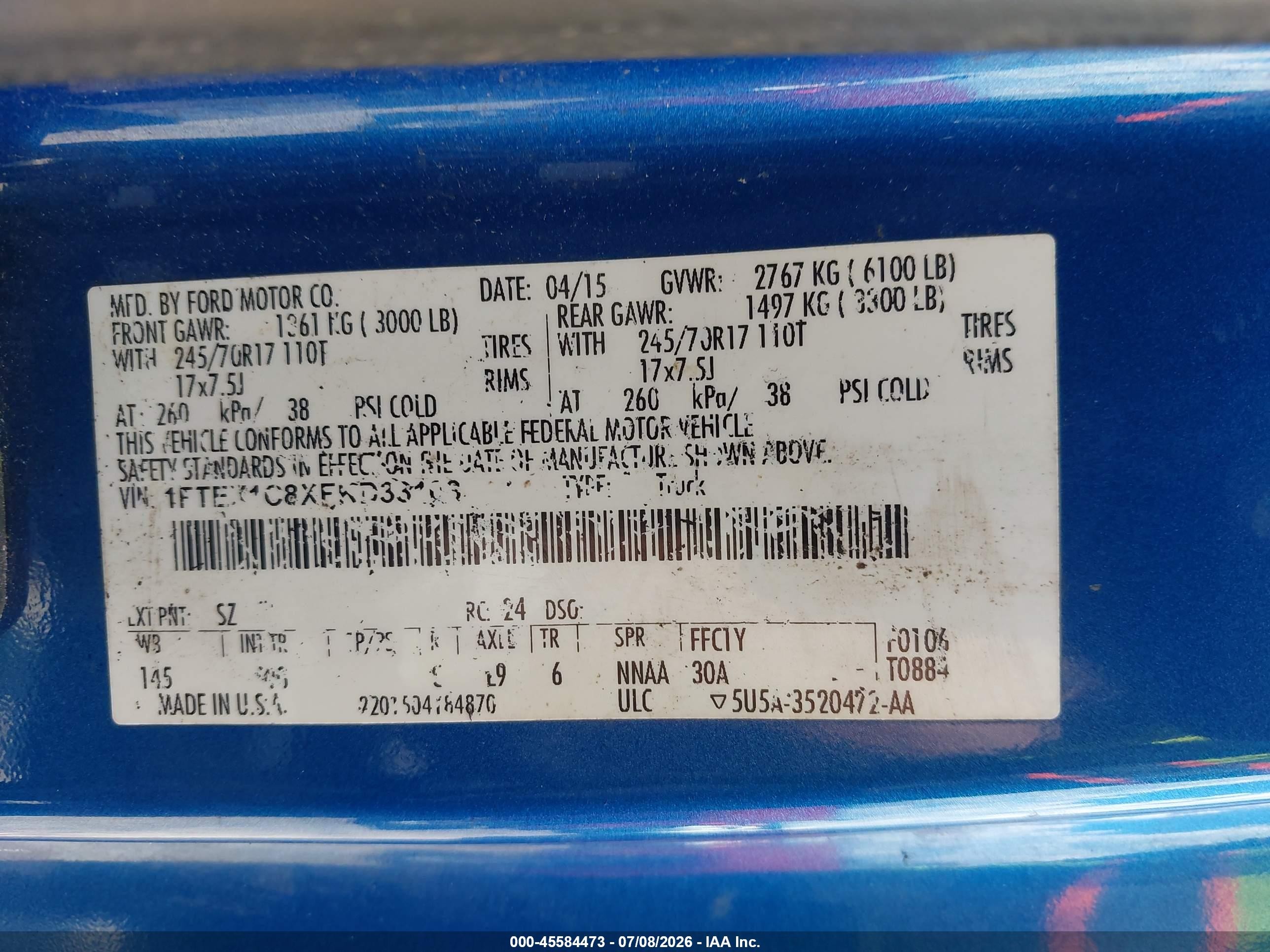 2015 Ford F-150 Xl/xlt Blue vin: 1FTEX1C8XFKD33103