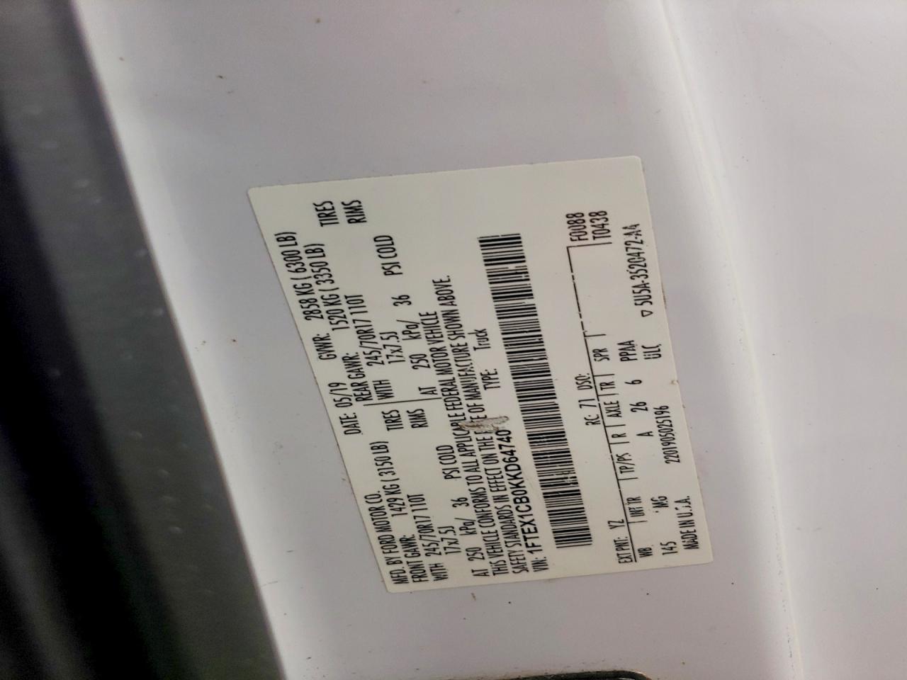 2019 Ford F150 Super Cab White vin: 1FTEX1CB0KKD64740