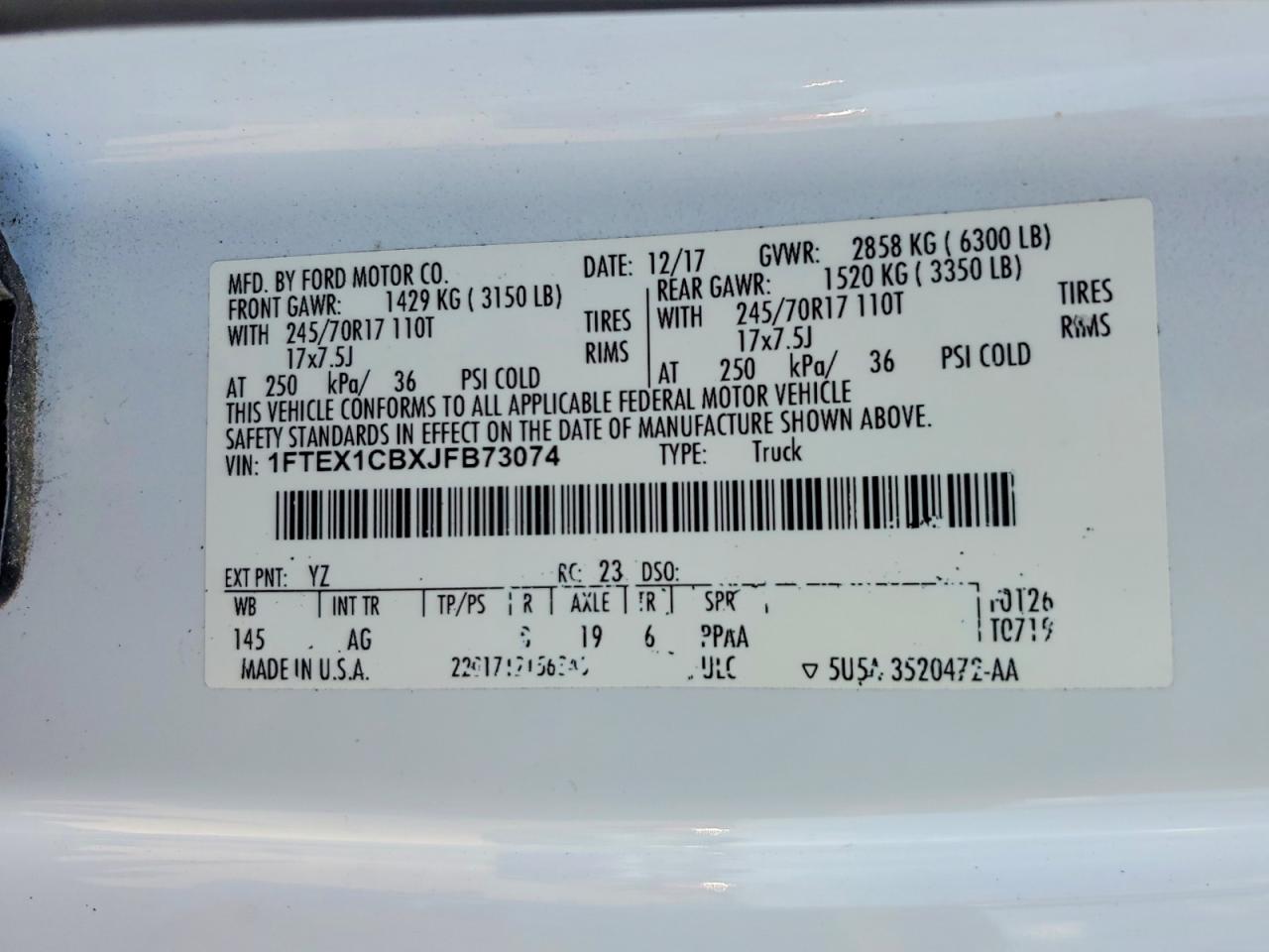 2018 Ford F150 Super Cab White vin: 1FTEX1CBXJFB73074