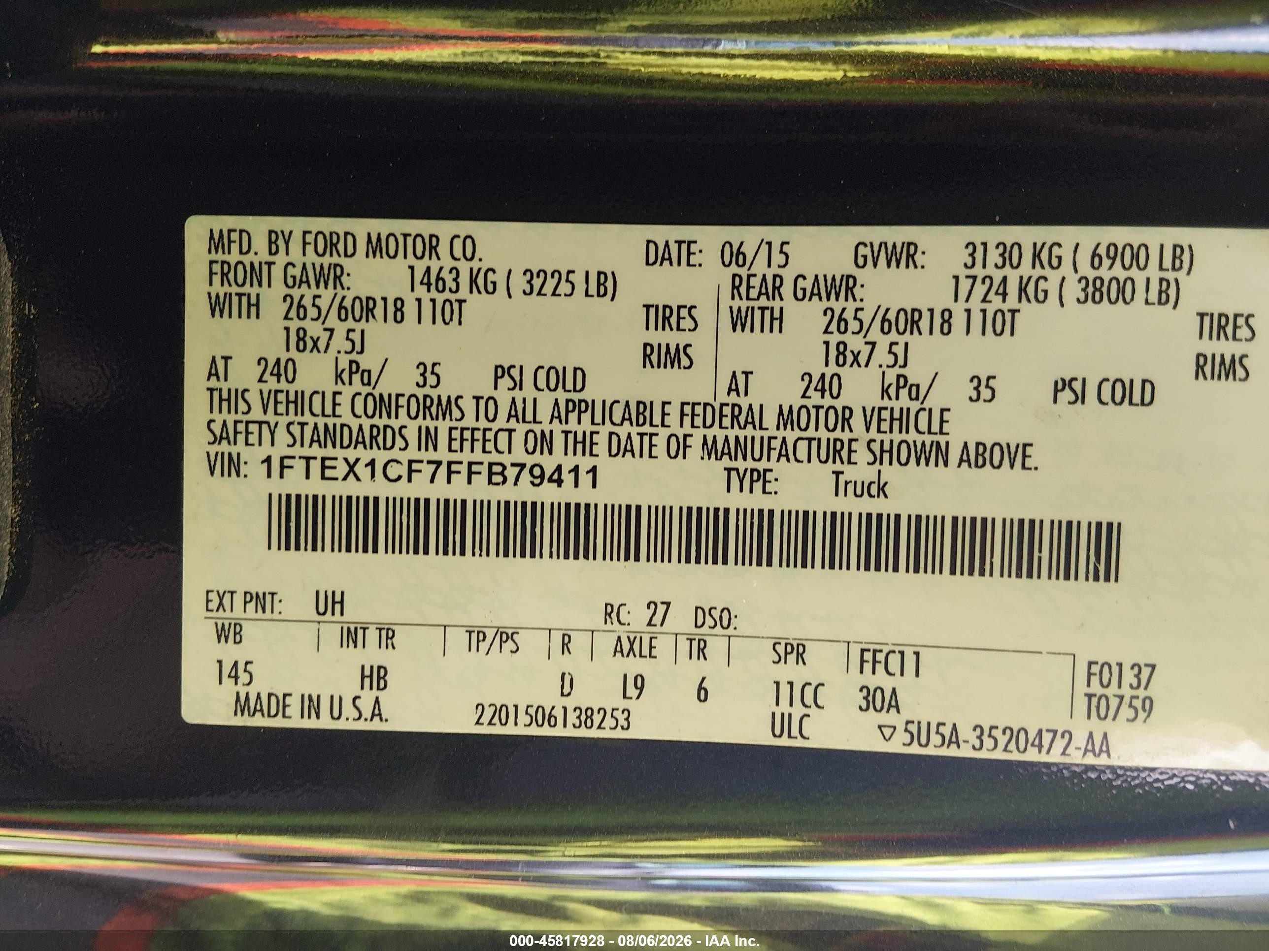 2015 Ford F-150 Lariat Black vin: 1FTEX1CF7FFB79411