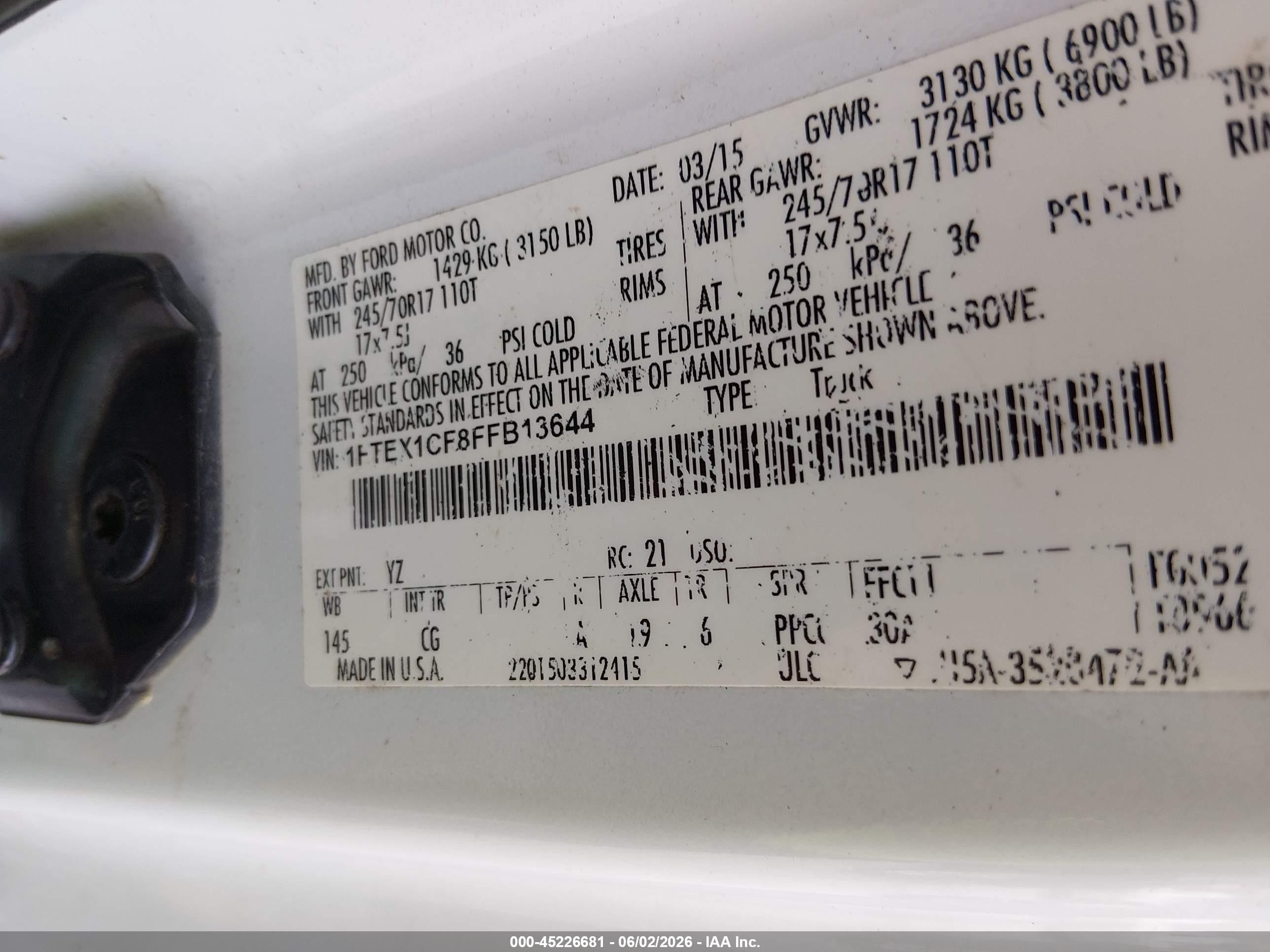 2015 Ford F-150 Xl Белый vin: 1FTEX1CF8FFB13644