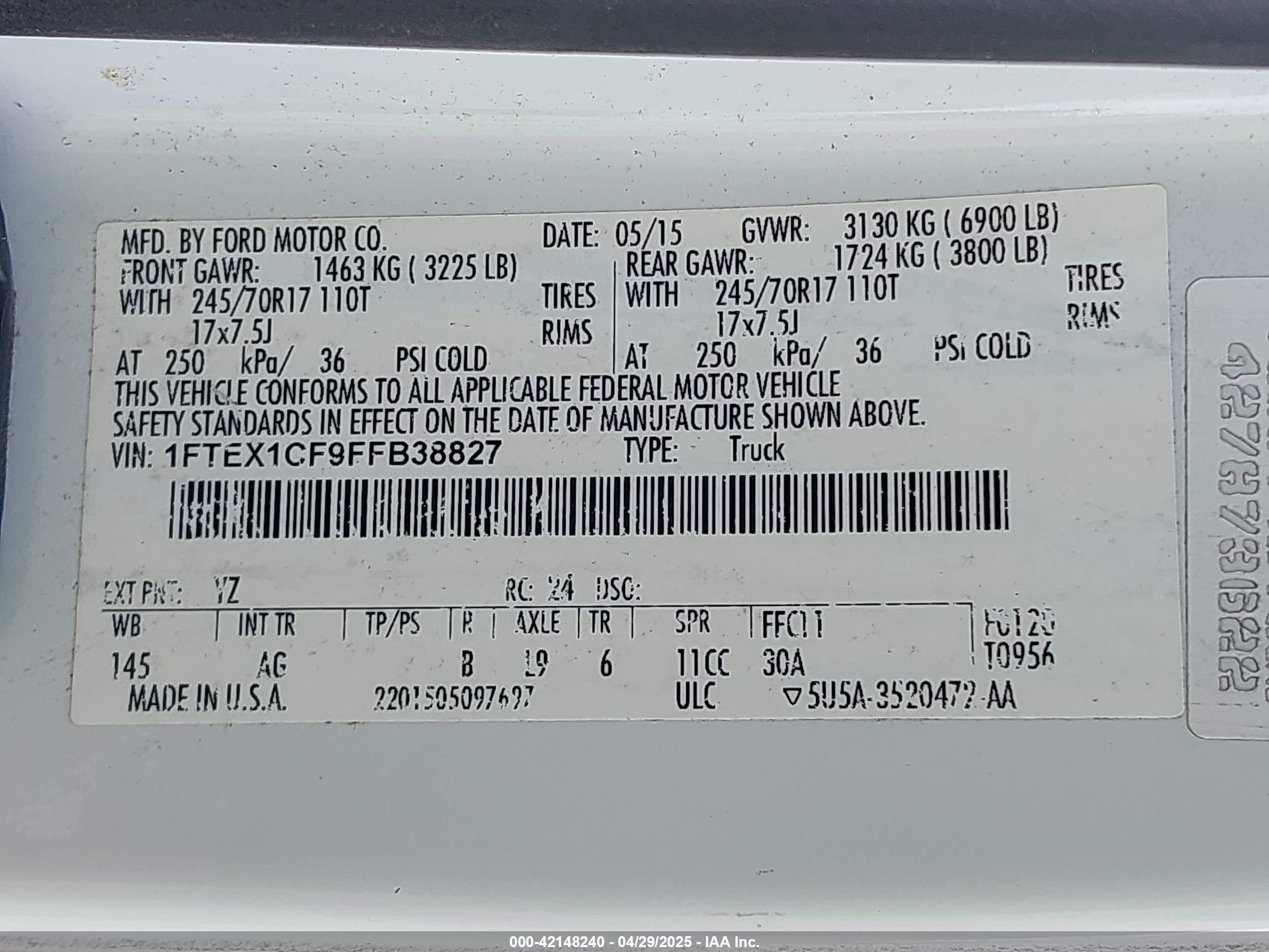 2015 Ford F-150 Xl White vin: 1FTEX1CF9FFB38827