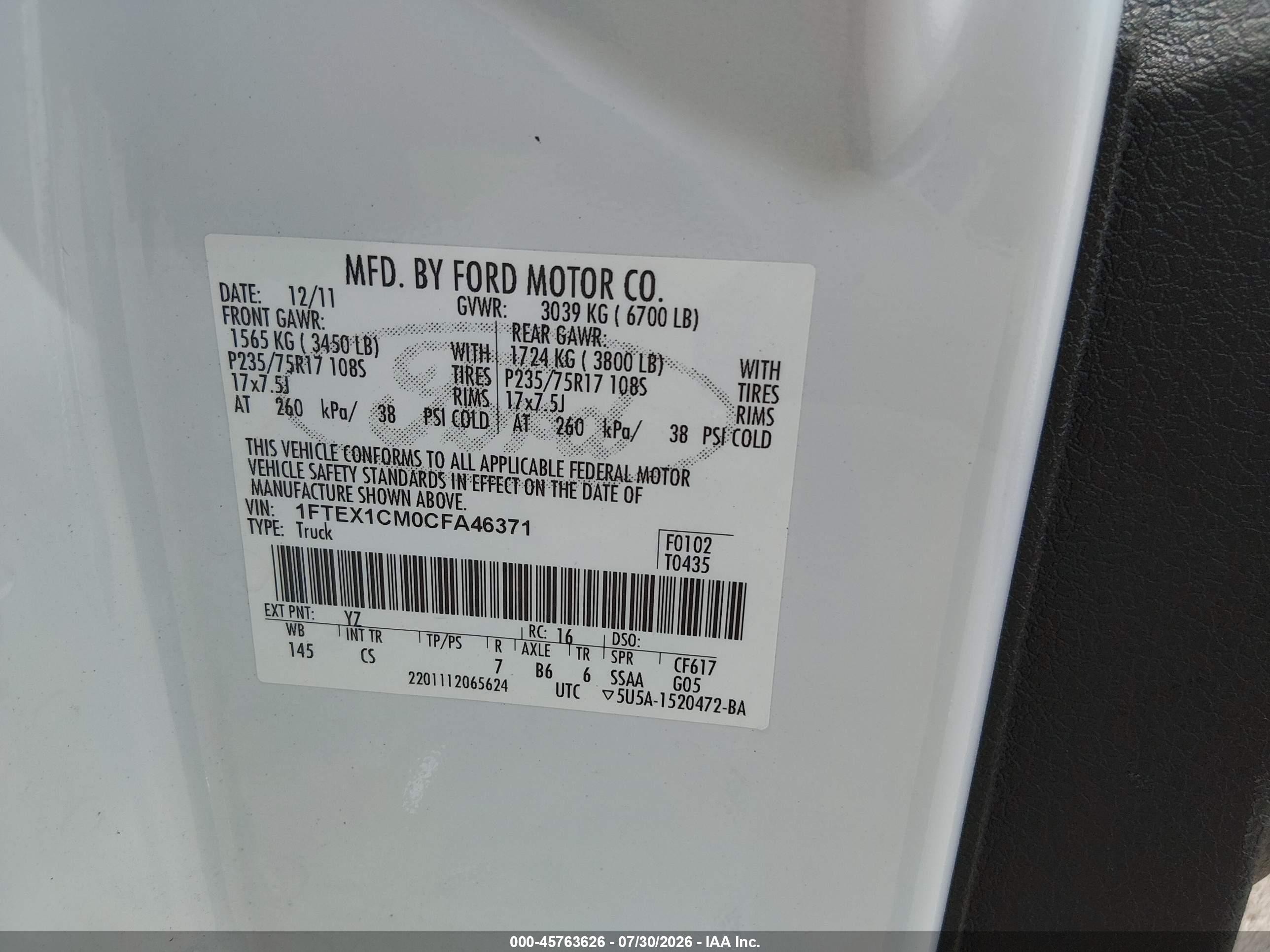 2012 Ford F-150 Xl White vin: 1FTEX1CM0CFA46371