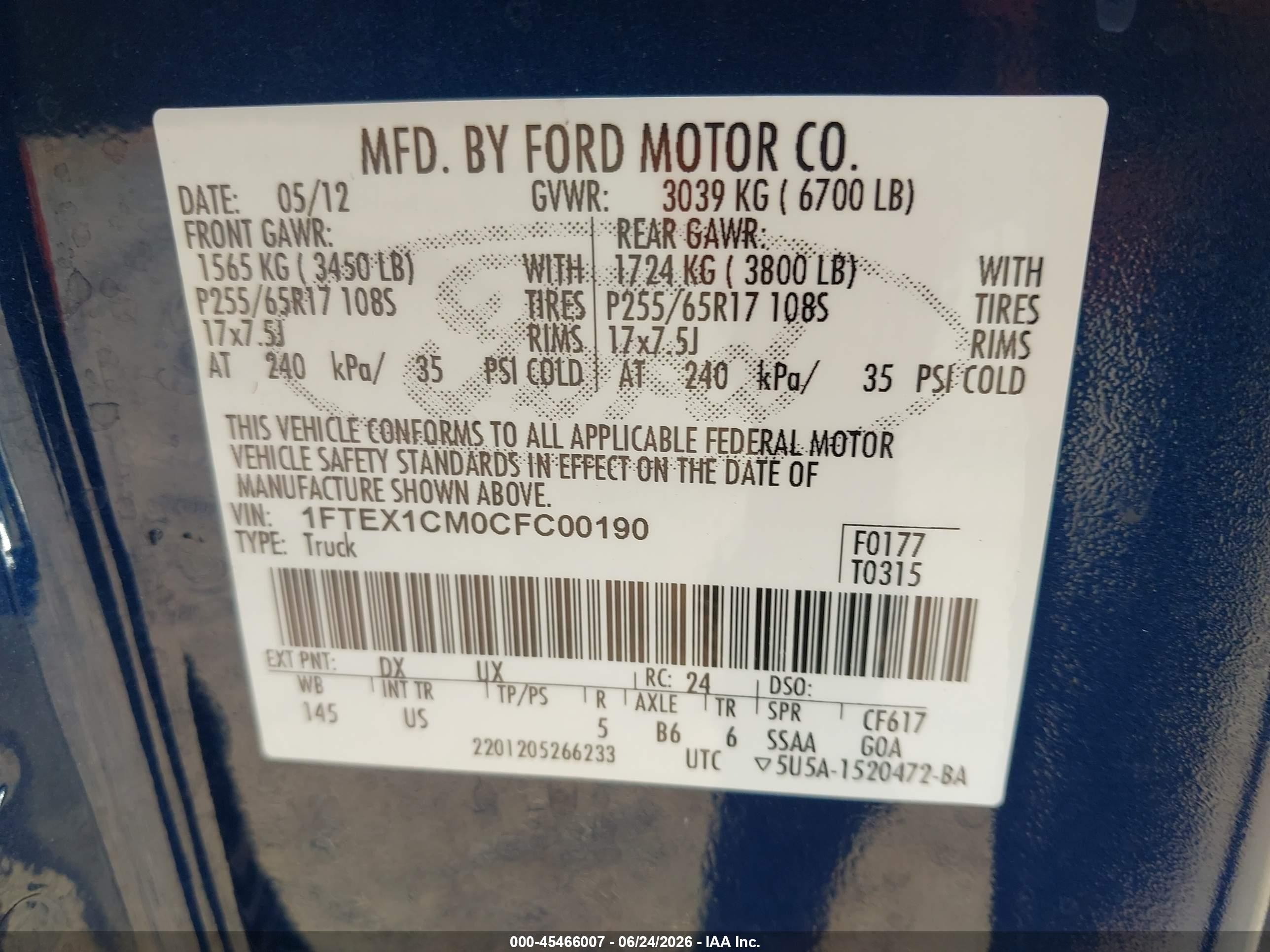 2012 Ford F-150 Stx/xl/xlt Blue vin: 1FTEX1CM0CFC00190