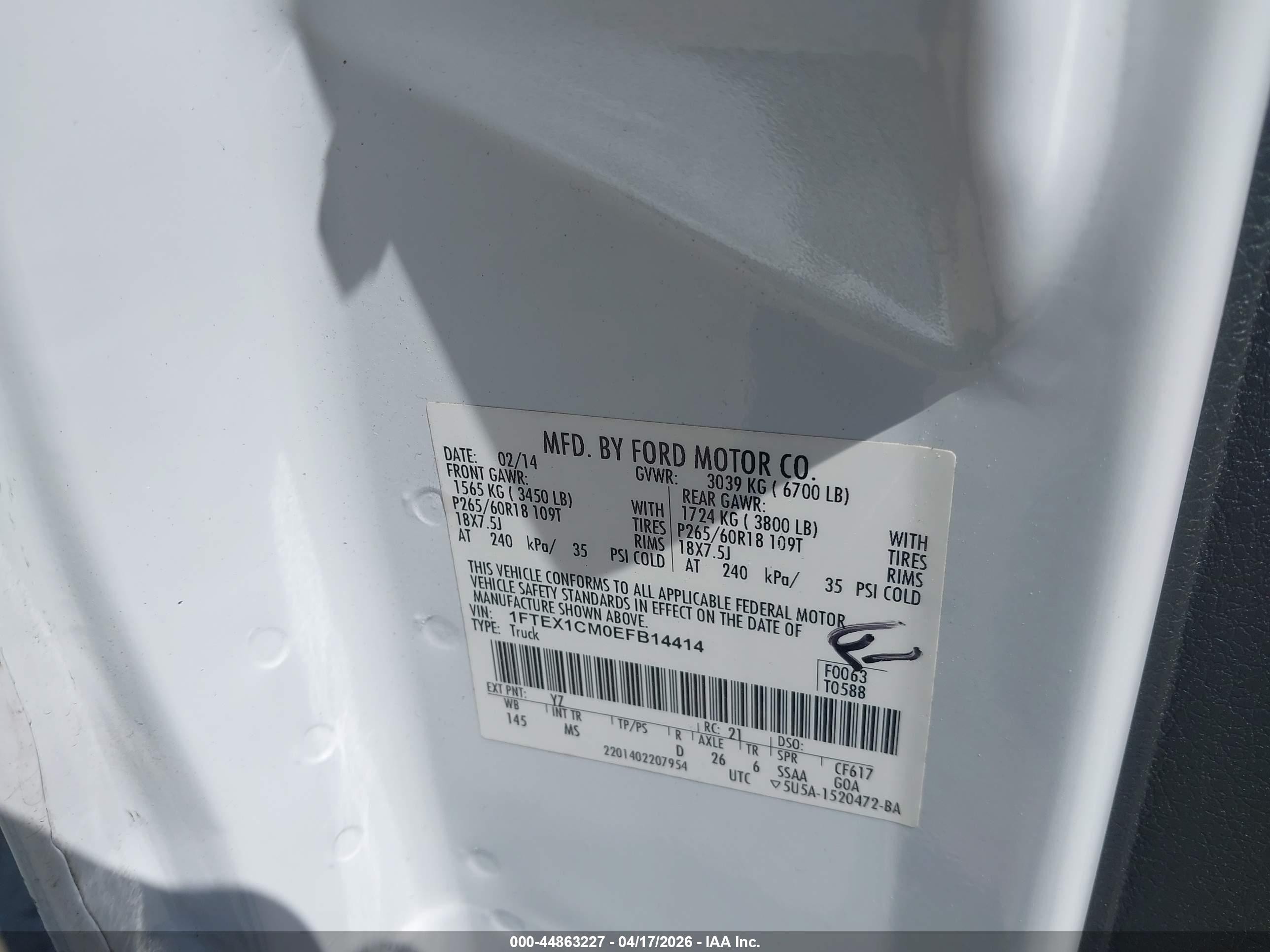 2014 Ford F-150 Xlt White vin: 1FTEX1CM0EFB14414