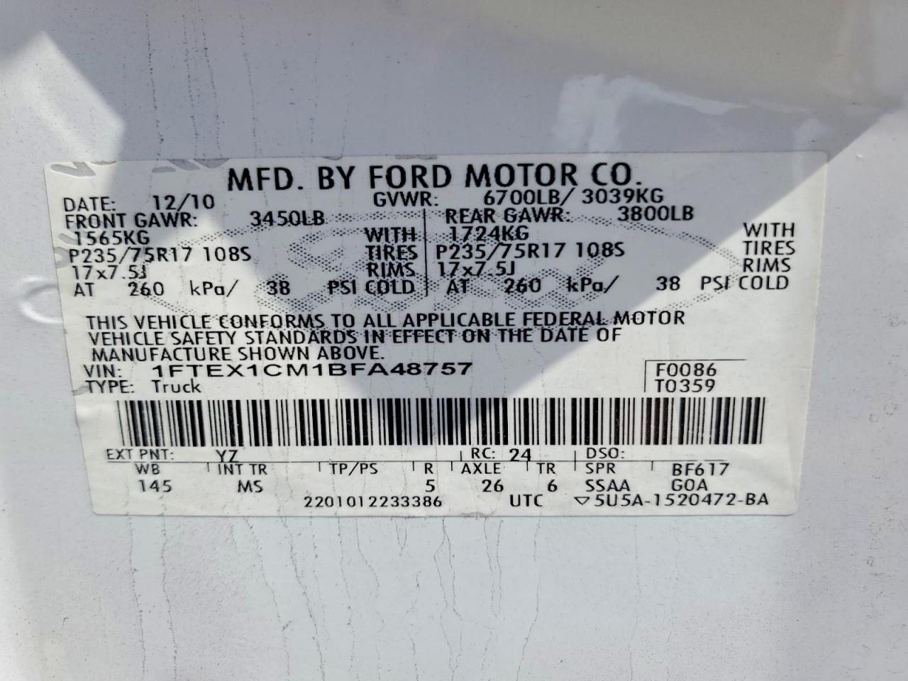 2011 Ford F150 Super Cab White vin: 1FTEX1CM1BFA48757