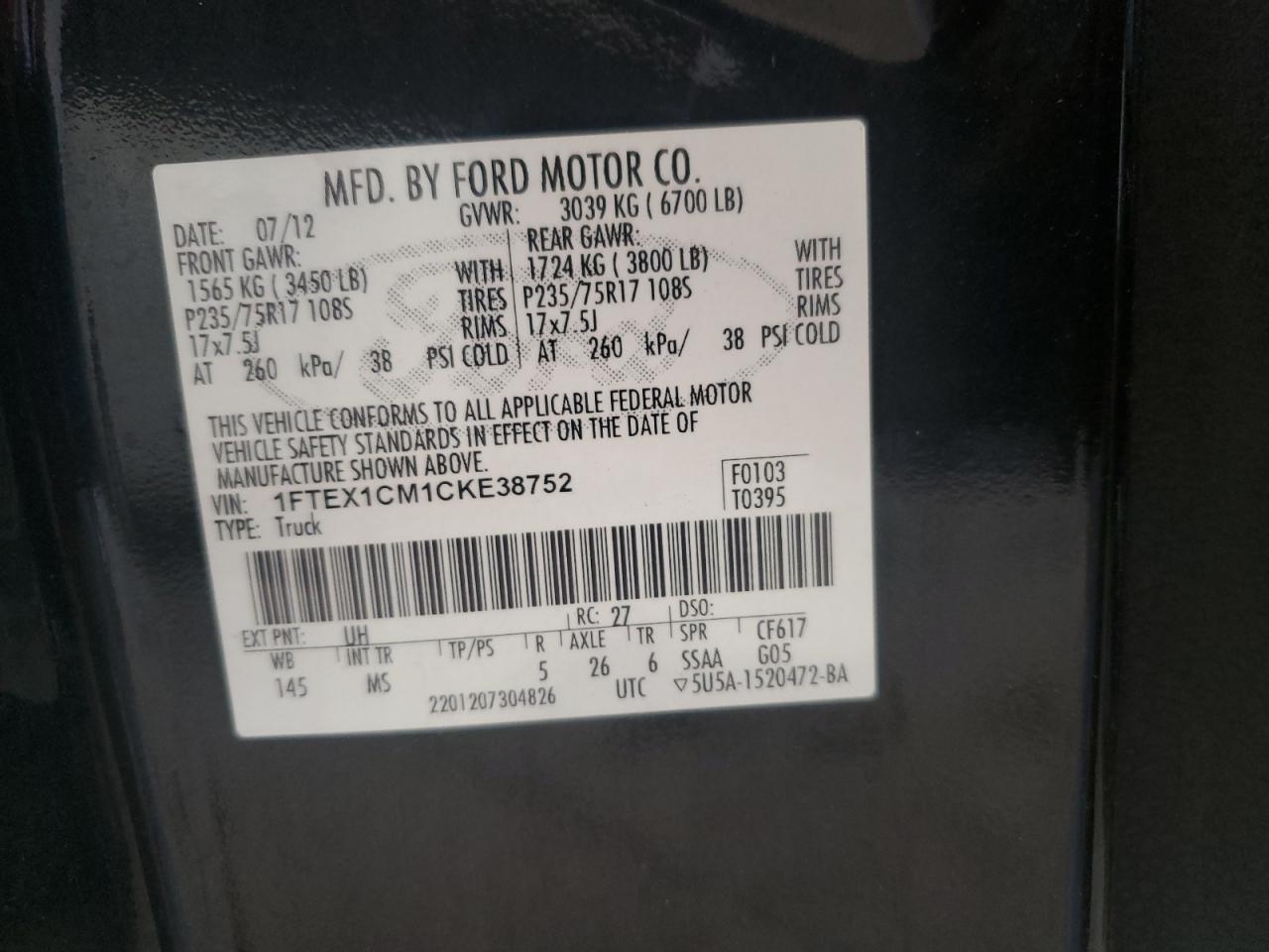 2012 Ford F150 Super Cab Black vin: 1FTEX1CM1CKE38752