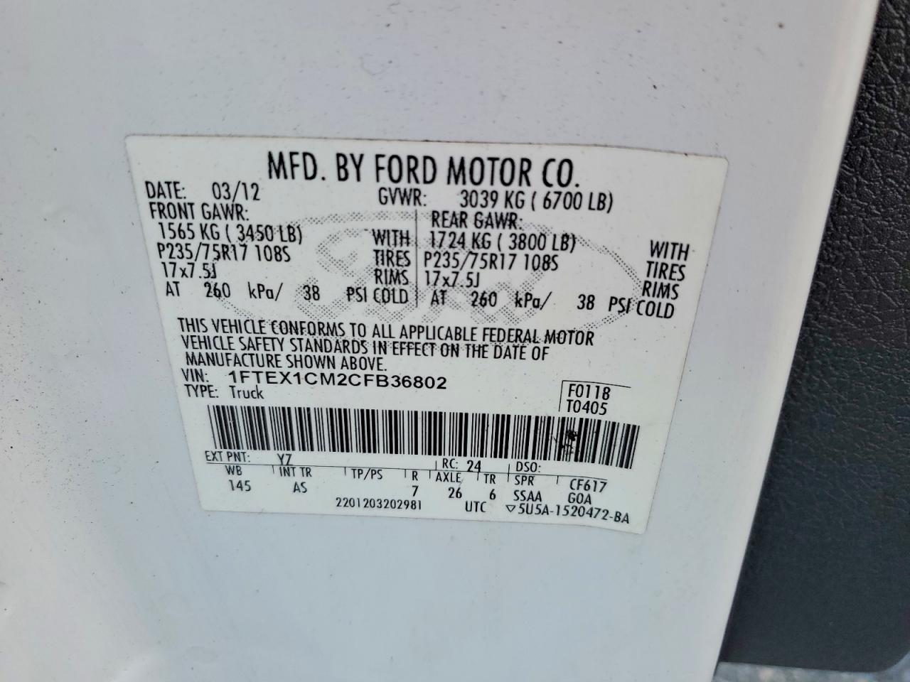 2012 Ford F150 Super Cab White vin: 1FTEX1CM2CFB36802