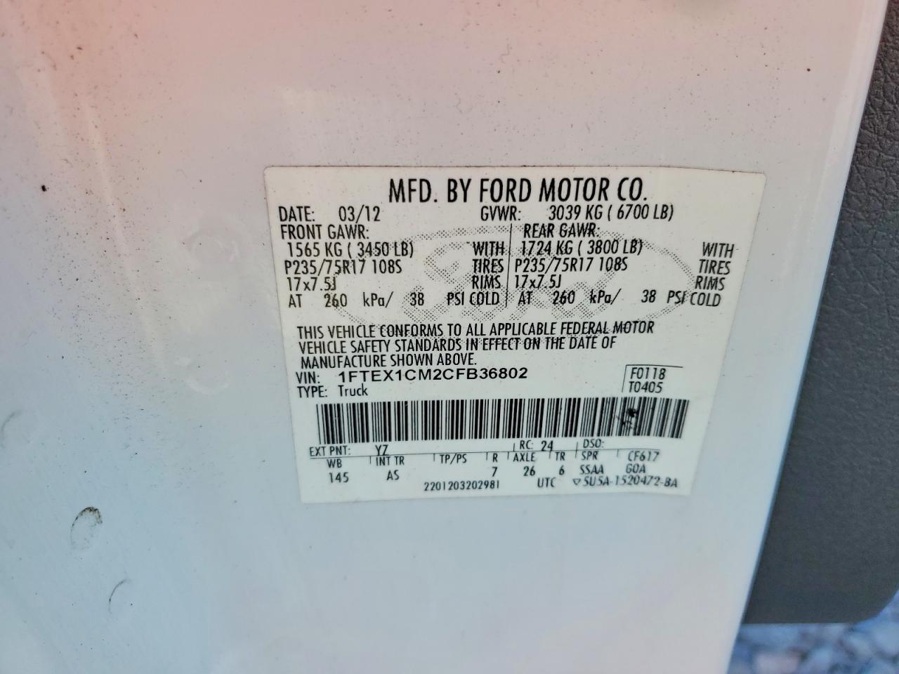 2012 Ford F150 Super Cab White vin: 1FTEX1CM2CFB36802
