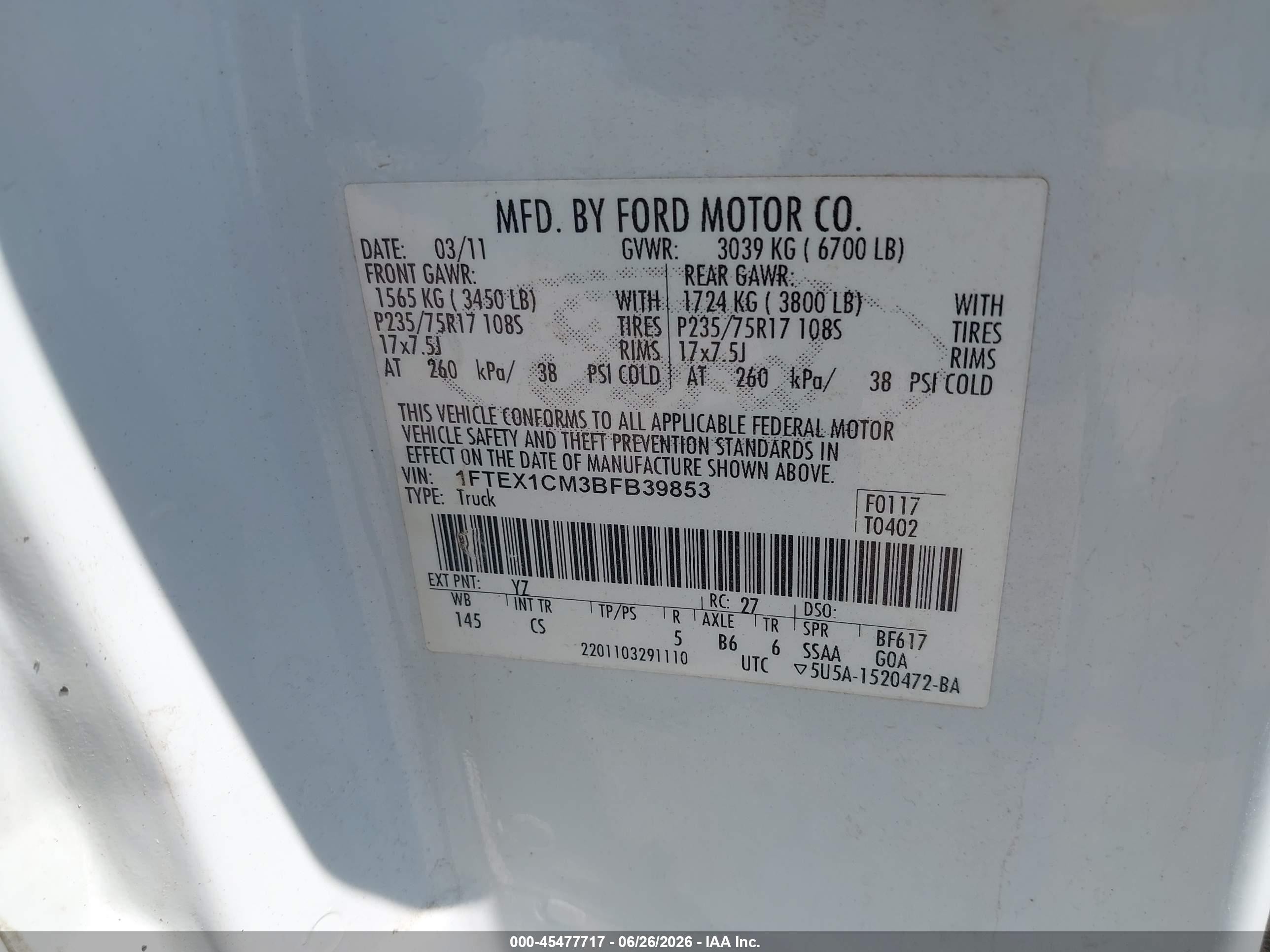 2011 Ford F-150 Stx/xl/xlt White vin: 1FTEX1CM3BFB39853