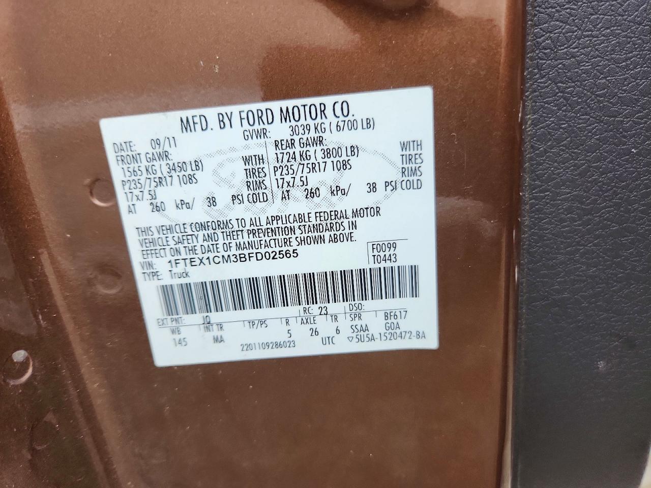 2011 Ford F150 Super Cab Brown vin: 1FTEX1CM3BFD02565