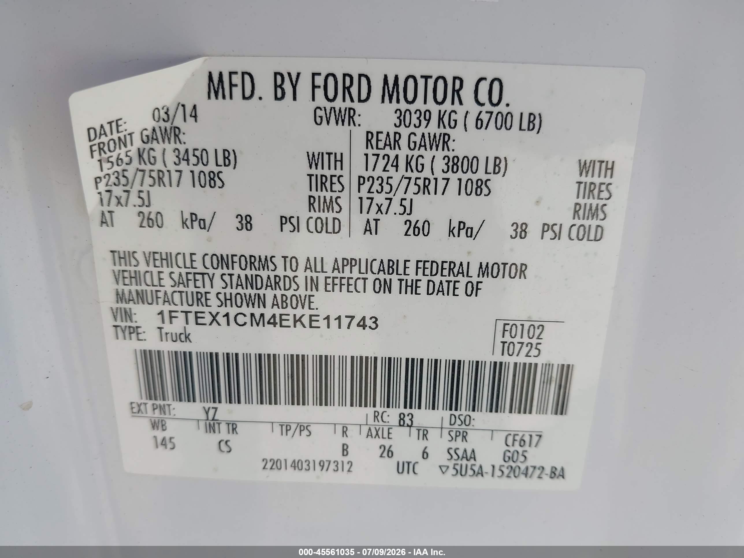 2014 Ford F-150 Stx/xl/xlt White vin: 1FTEX1CM4EKE11743