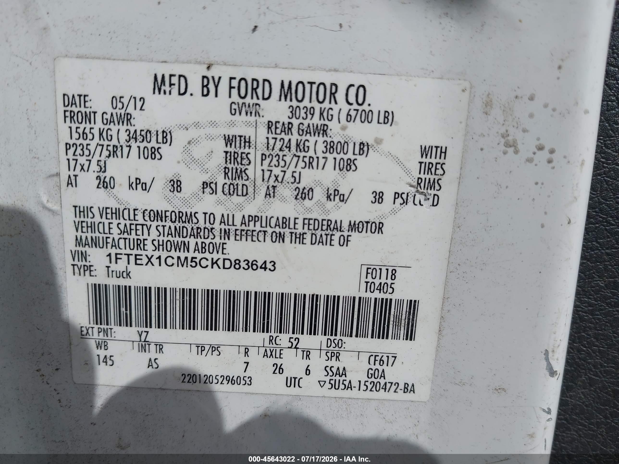 2012 Ford F-150 Xl White vin: 1FTEX1CM5CKD83643