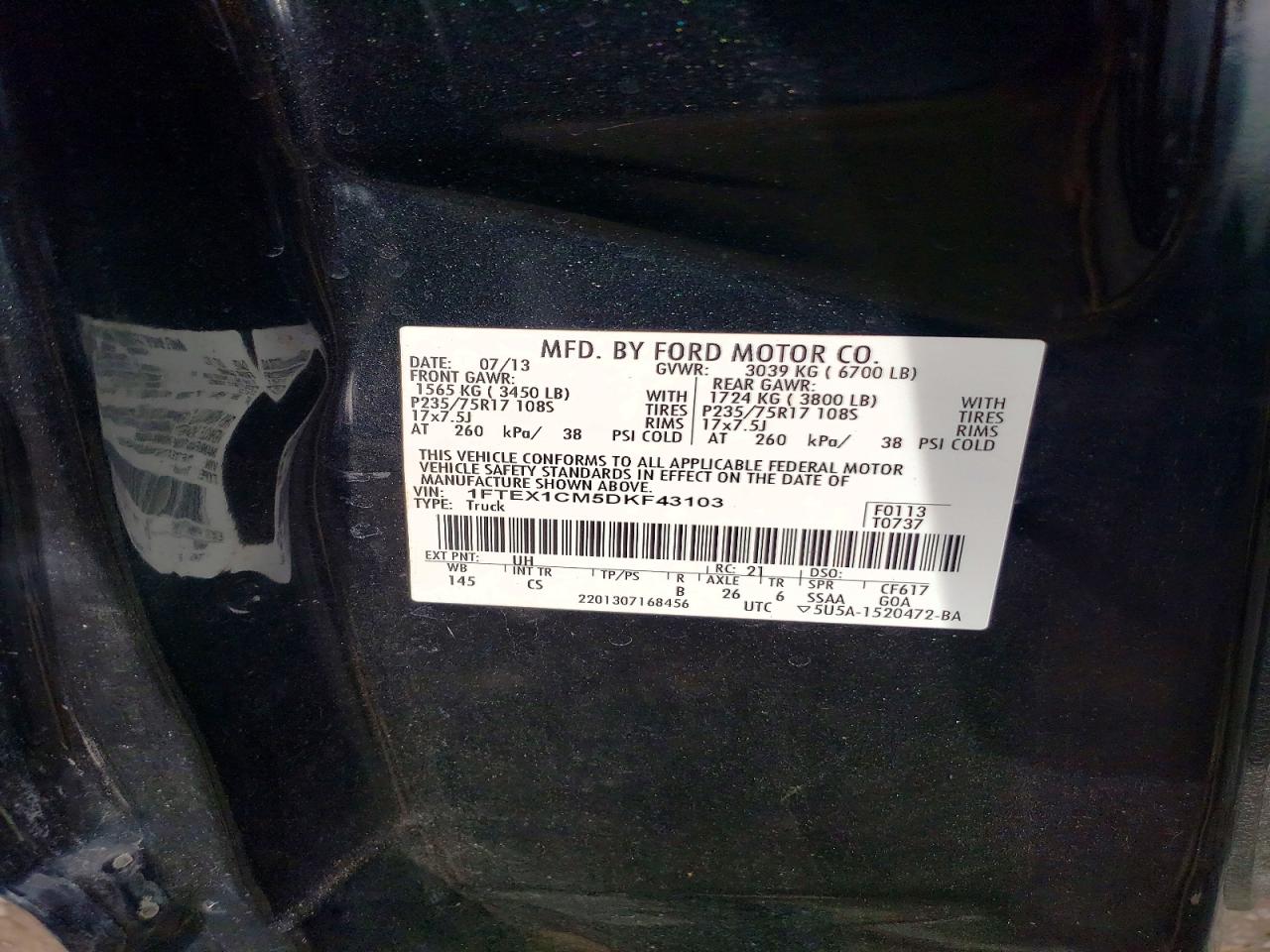 2013 Ford F150 Super Cab Black vin: 1FTEX1CM5DKF43103