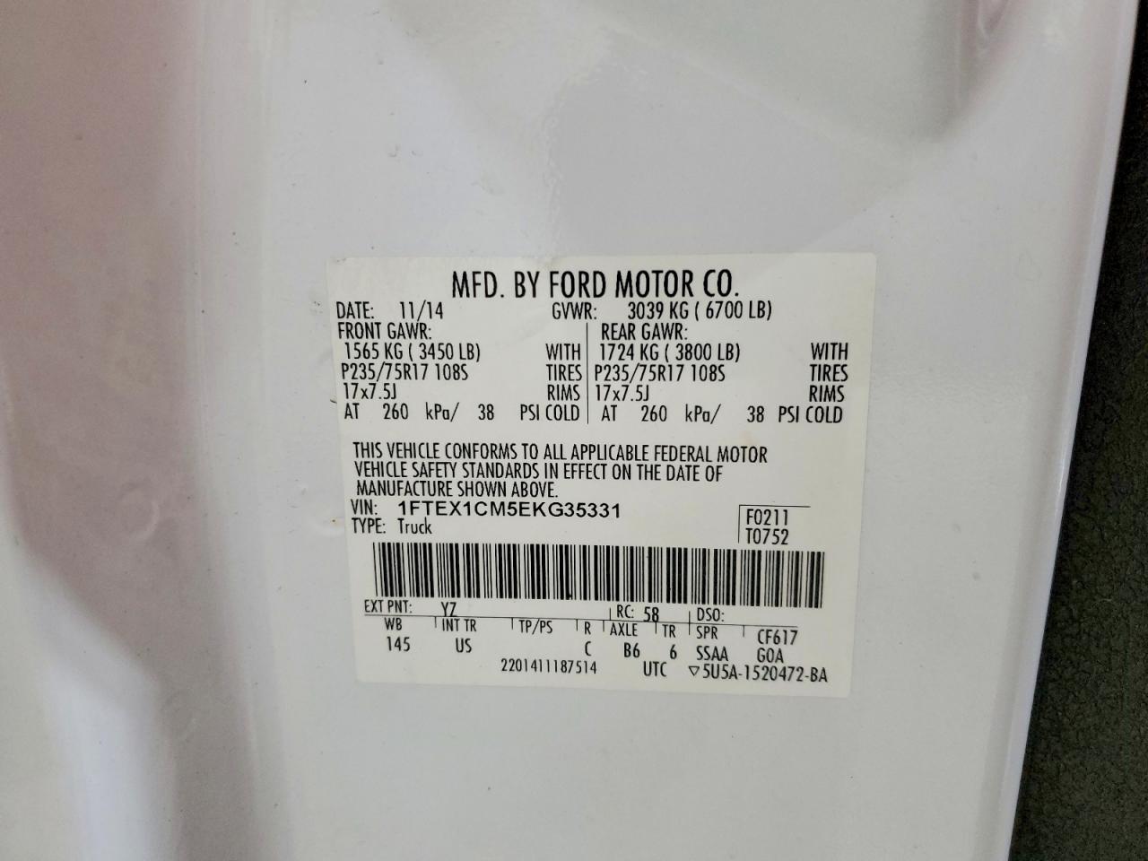 2014 Ford F150 Super Cab White vin: 1FTEX1CM5EKG35331