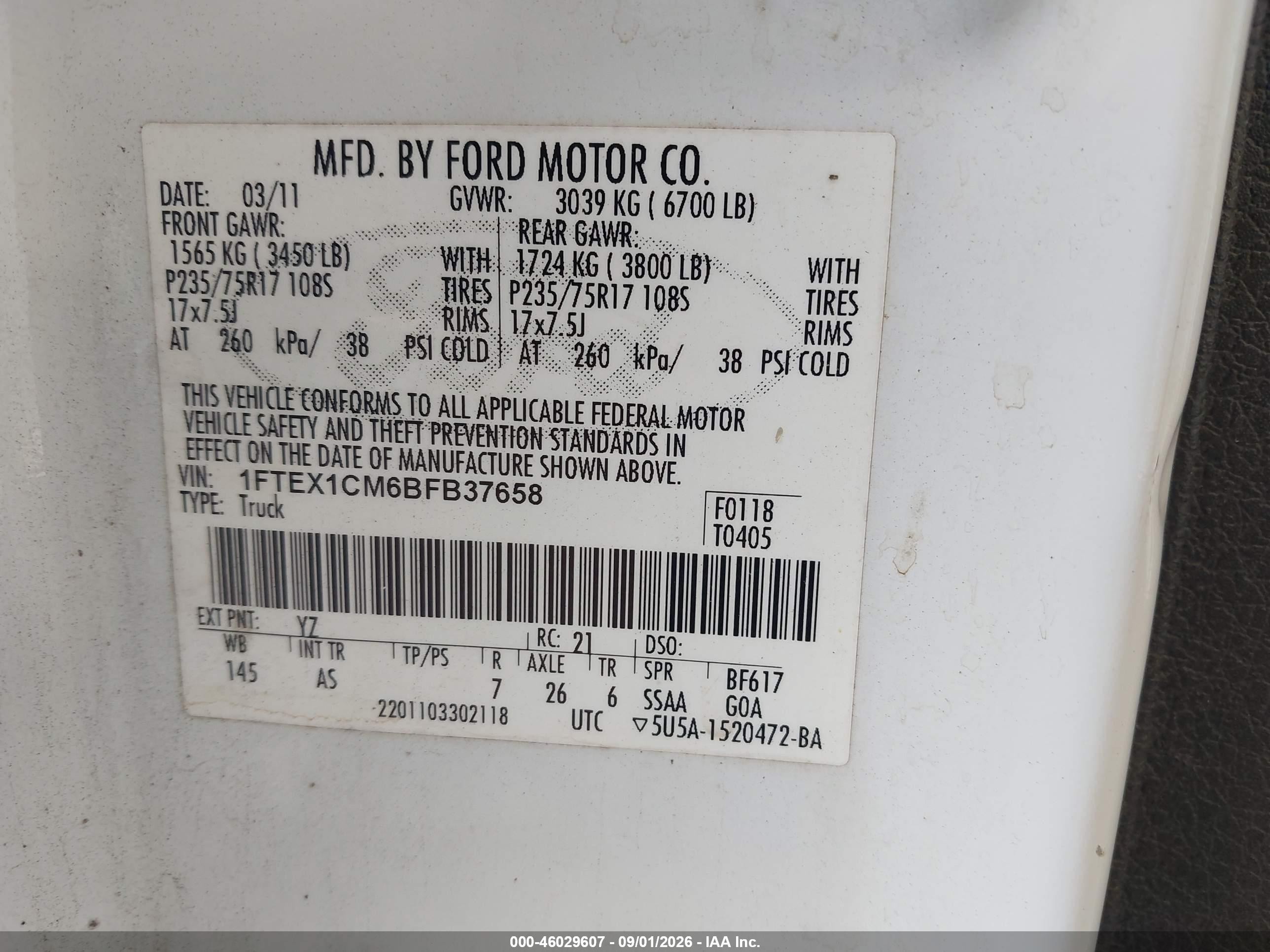 2011 Ford F-150 Xl White vin: 1FTEX1CM6BFB37658