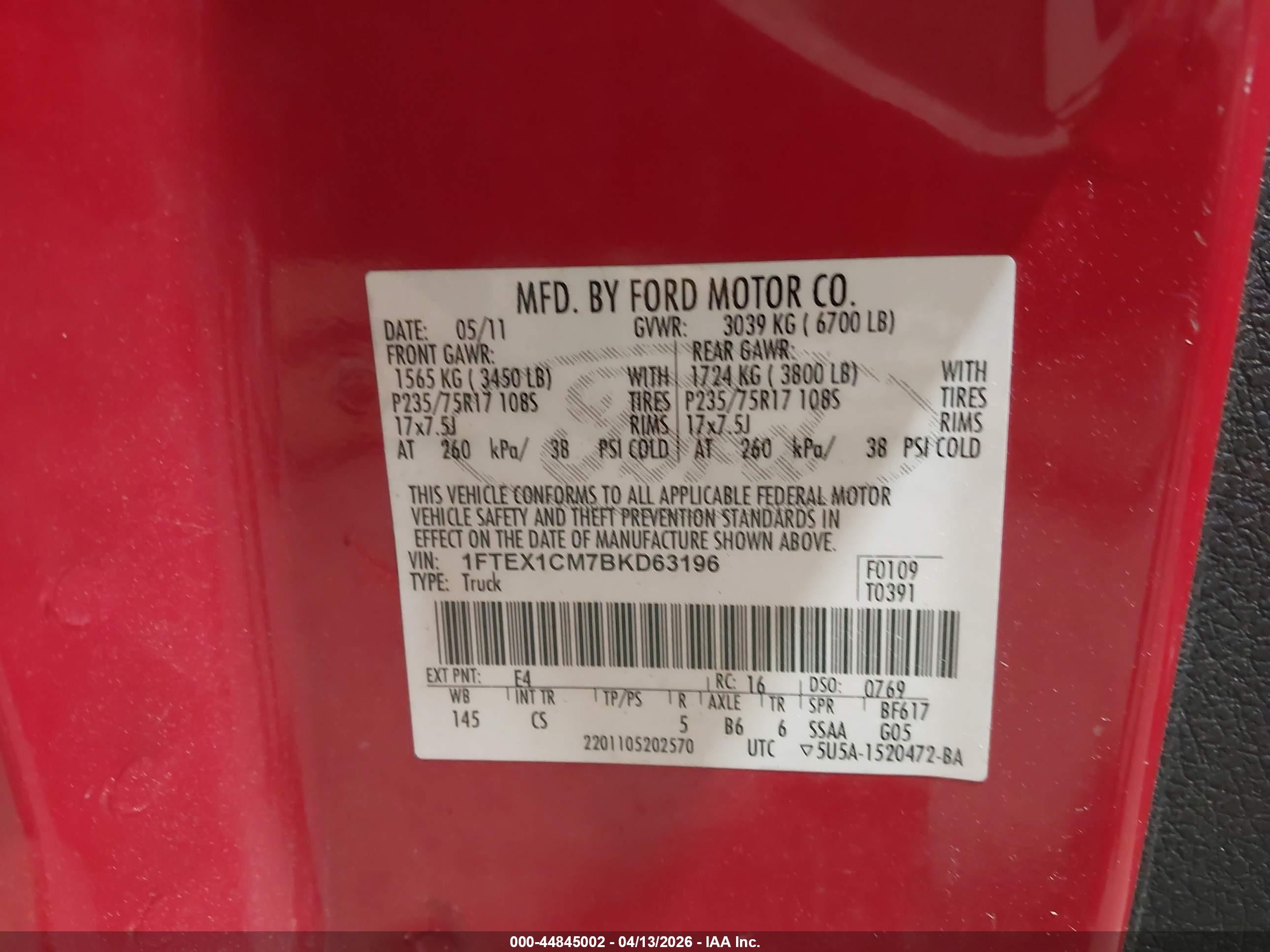 2011 Ford F-150 Xl Red vin: 1FTEX1CM7BKD63196