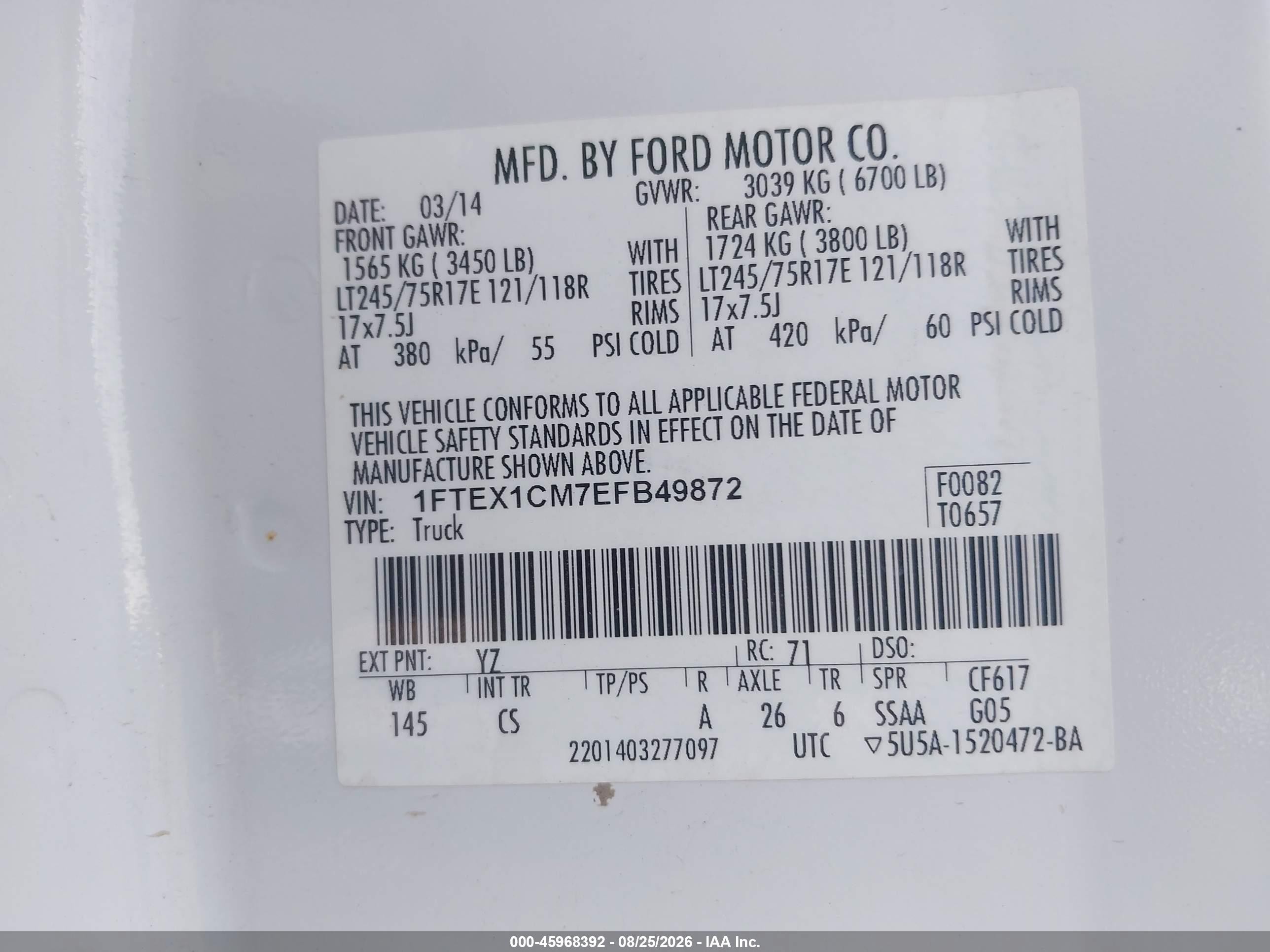 2014 Ford F-150 Xl Белый vin: 1FTEX1CM7EFB49872