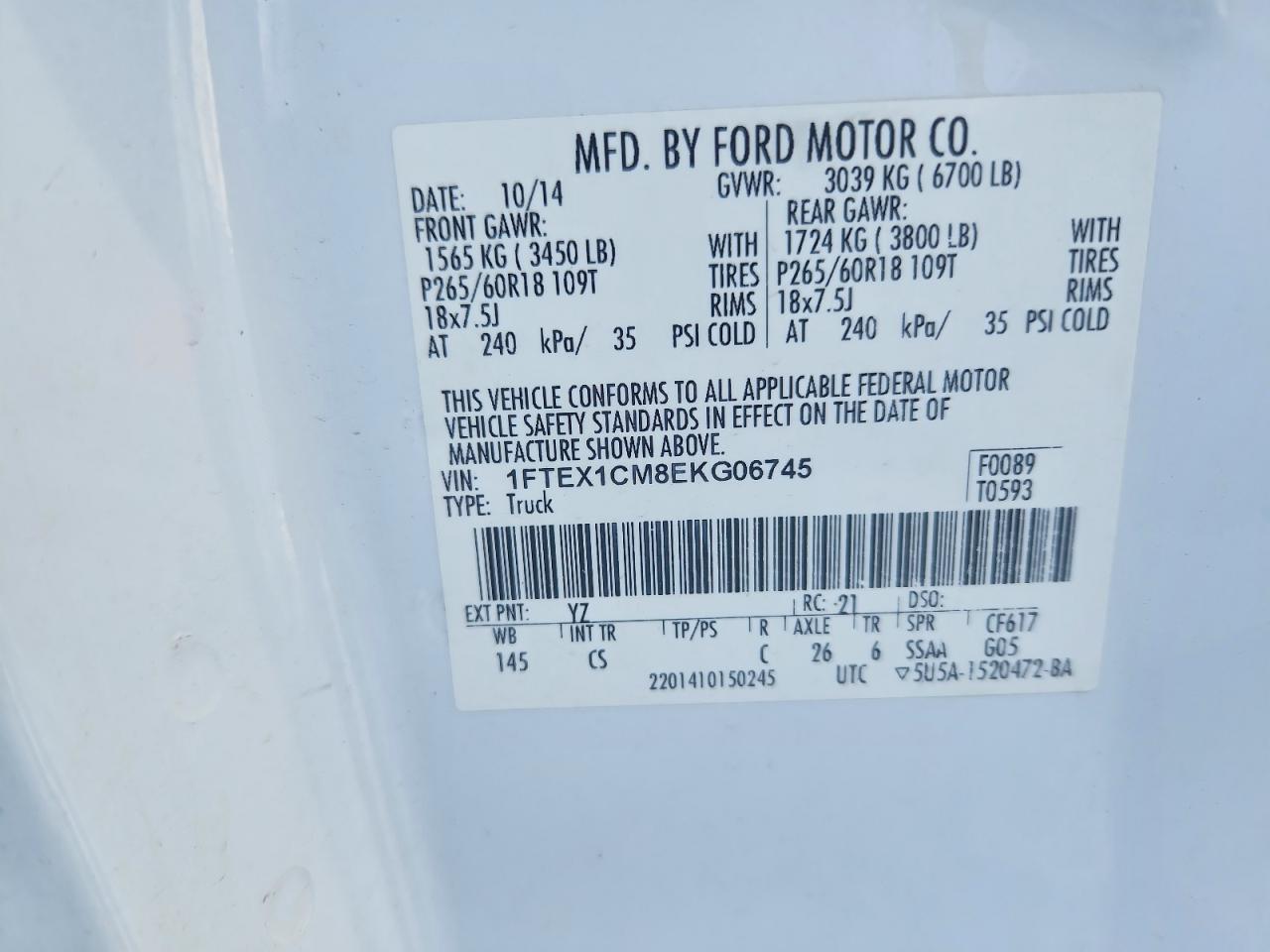 2014 Ford F150 White vin: 1FTEX1CM8EKG06745