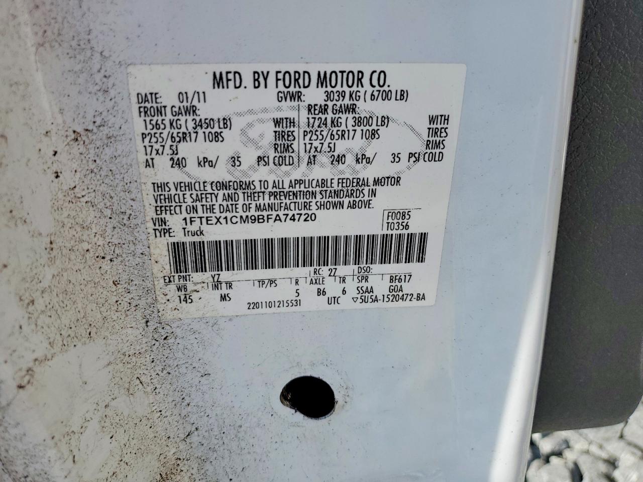 2011 Ford F150 Super Cab White vin: 1FTEX1CM9BFA74720