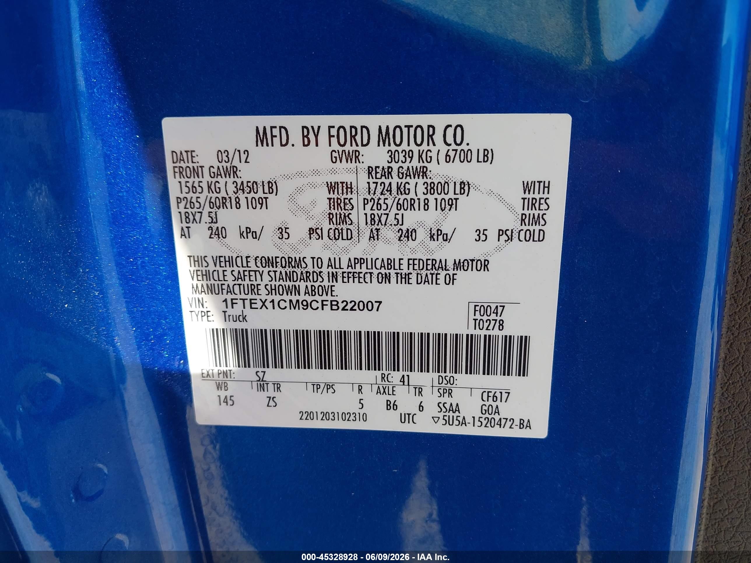 2012 Ford F-150 Xlt Blue vin: 1FTEX1CM9CFB22007