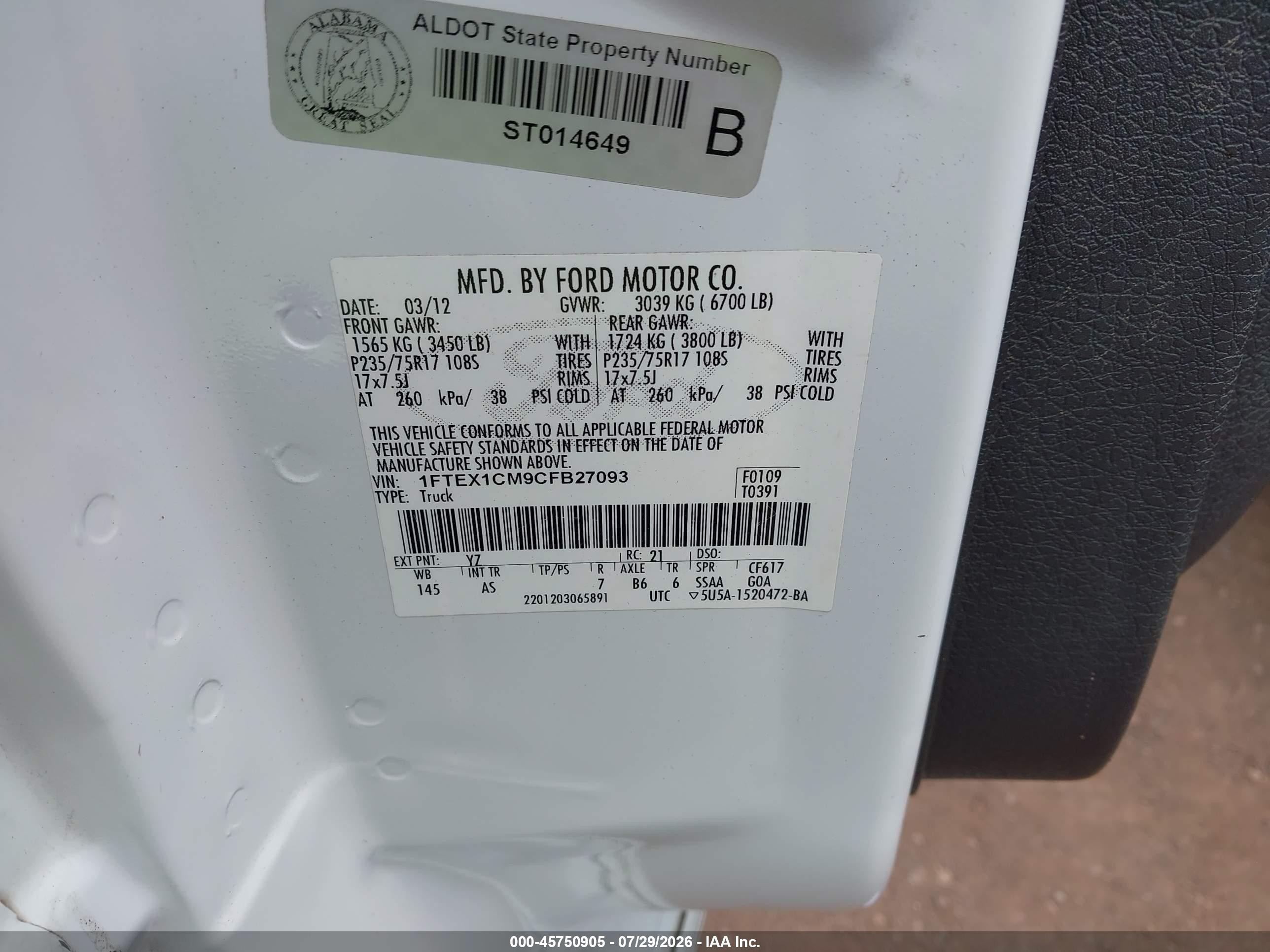 2012 Ford F-150 Xl White vin: 1FTEX1CM9CFB27093