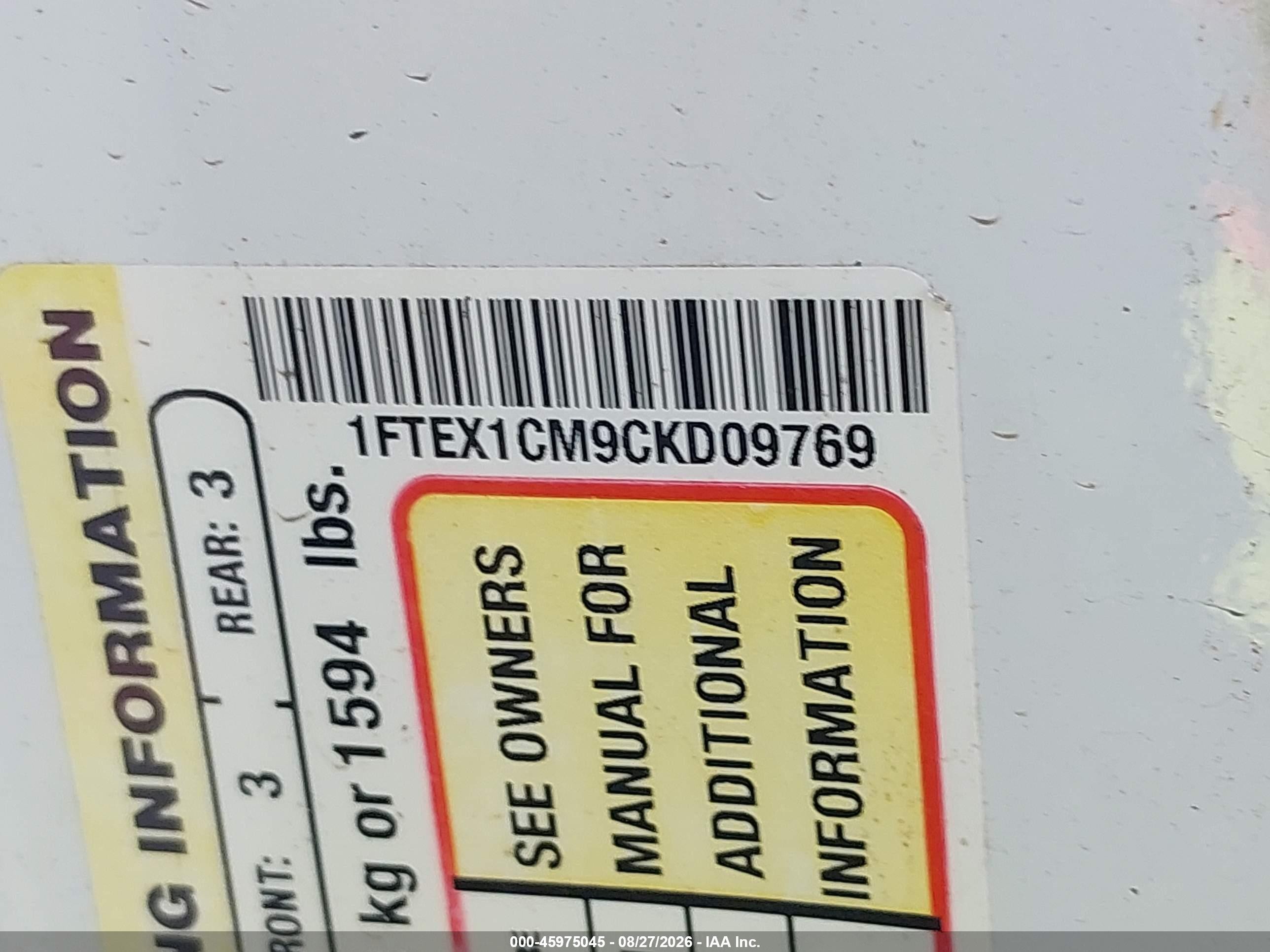 2012 Ford F-150 Xl White vin: 1FTEX1CM9CKD09769