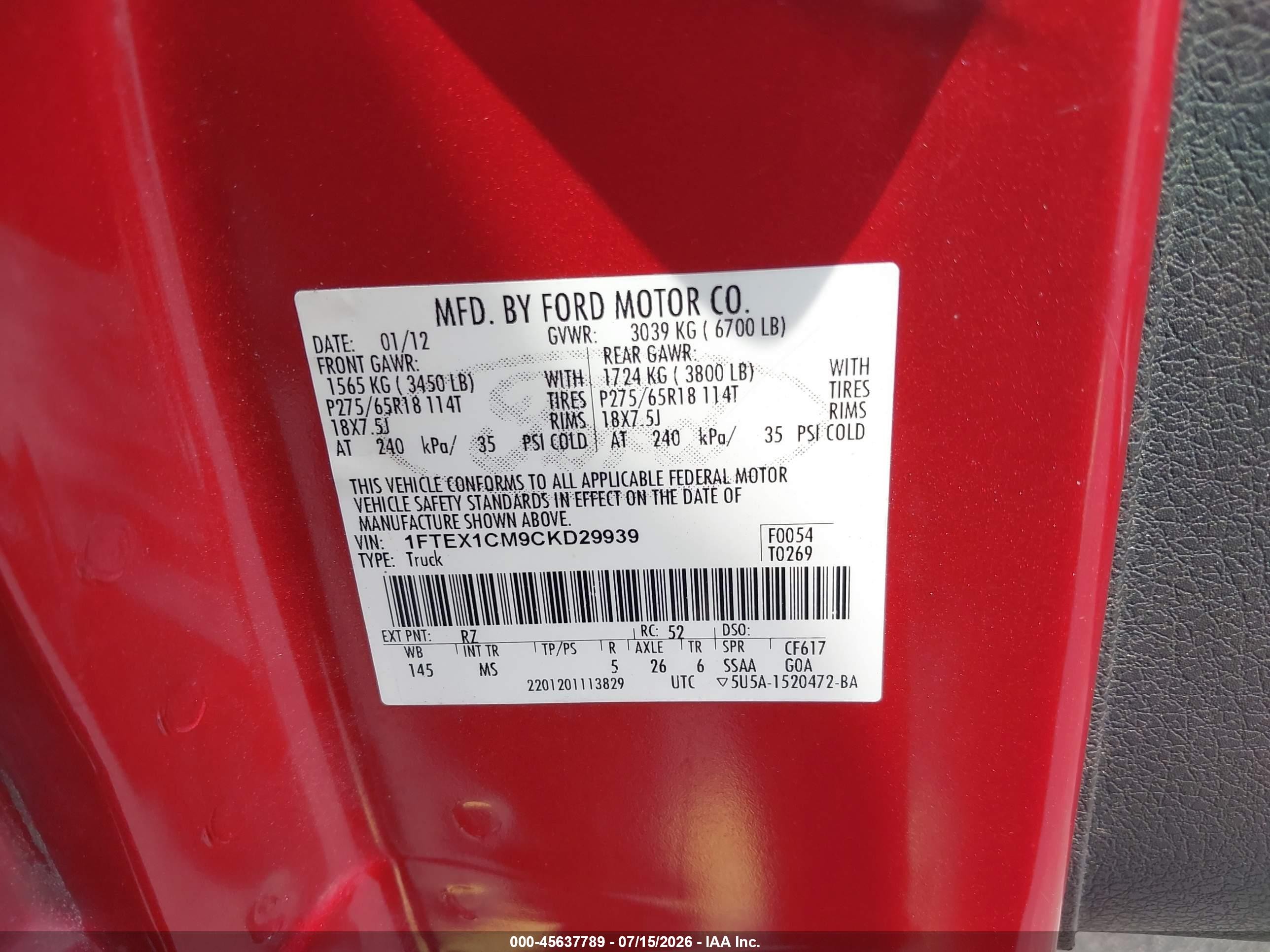 2012 Ford F-150 Xlt Red vin: 1FTEX1CM9CKD29939