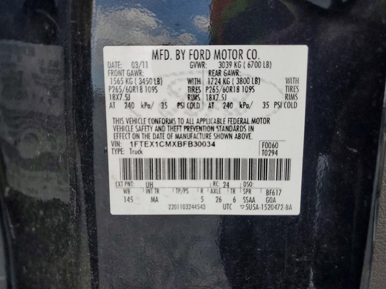 2011 Ford F150 Super Cab Black vin: 1FTEX1CMXBFB30034