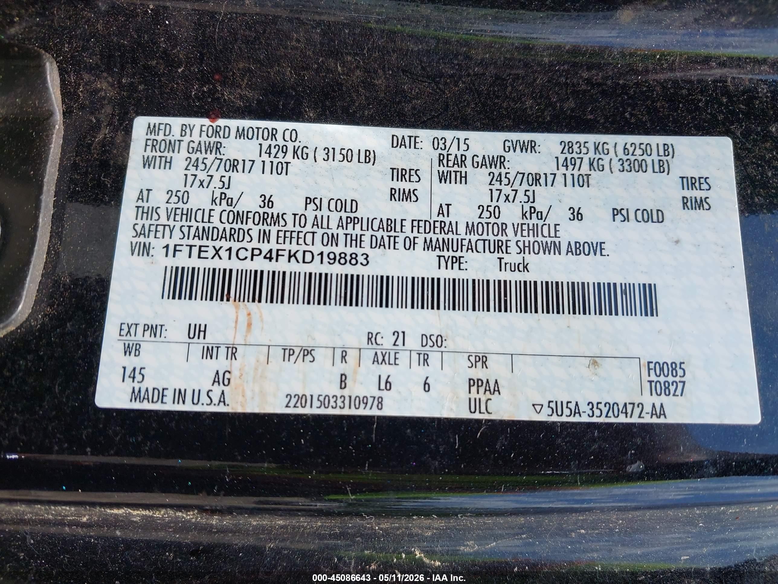 2015 Ford F-150 Xl Black vin: 1FTEX1CP4FKD19883