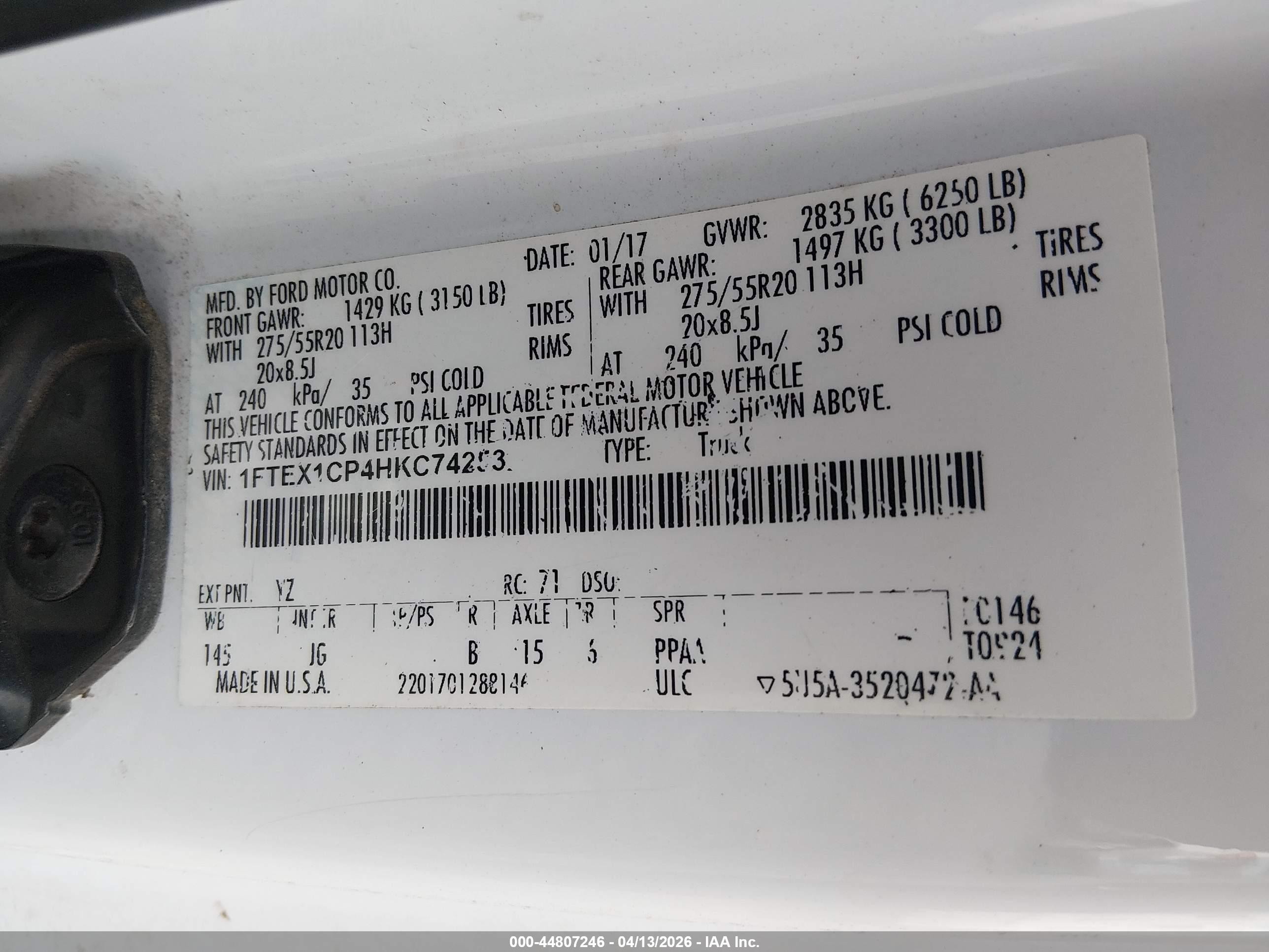 2017 Ford F-150 Xl White vin: 1FTEX1CP4HKC74253