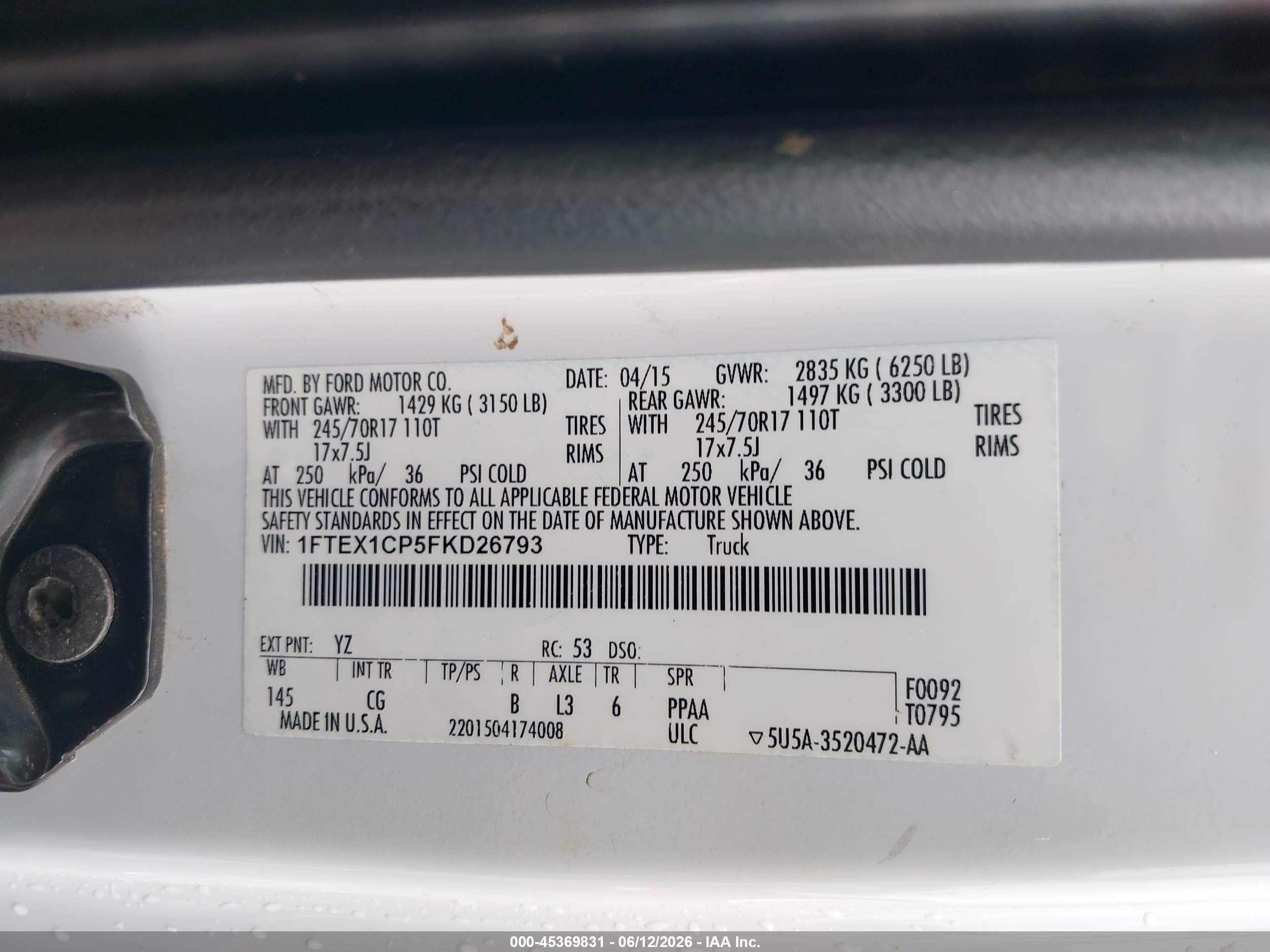 2015 Ford F-150 Xl White vin: 1FTEX1CP5FKD26793