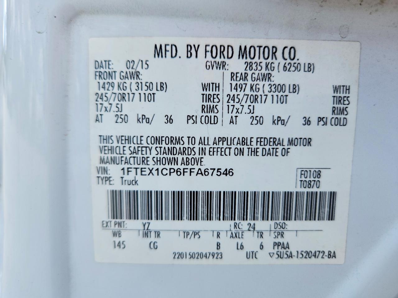 2015 Ford F150 Super Cab White vin: 1FTEX1CP6FFA67546
