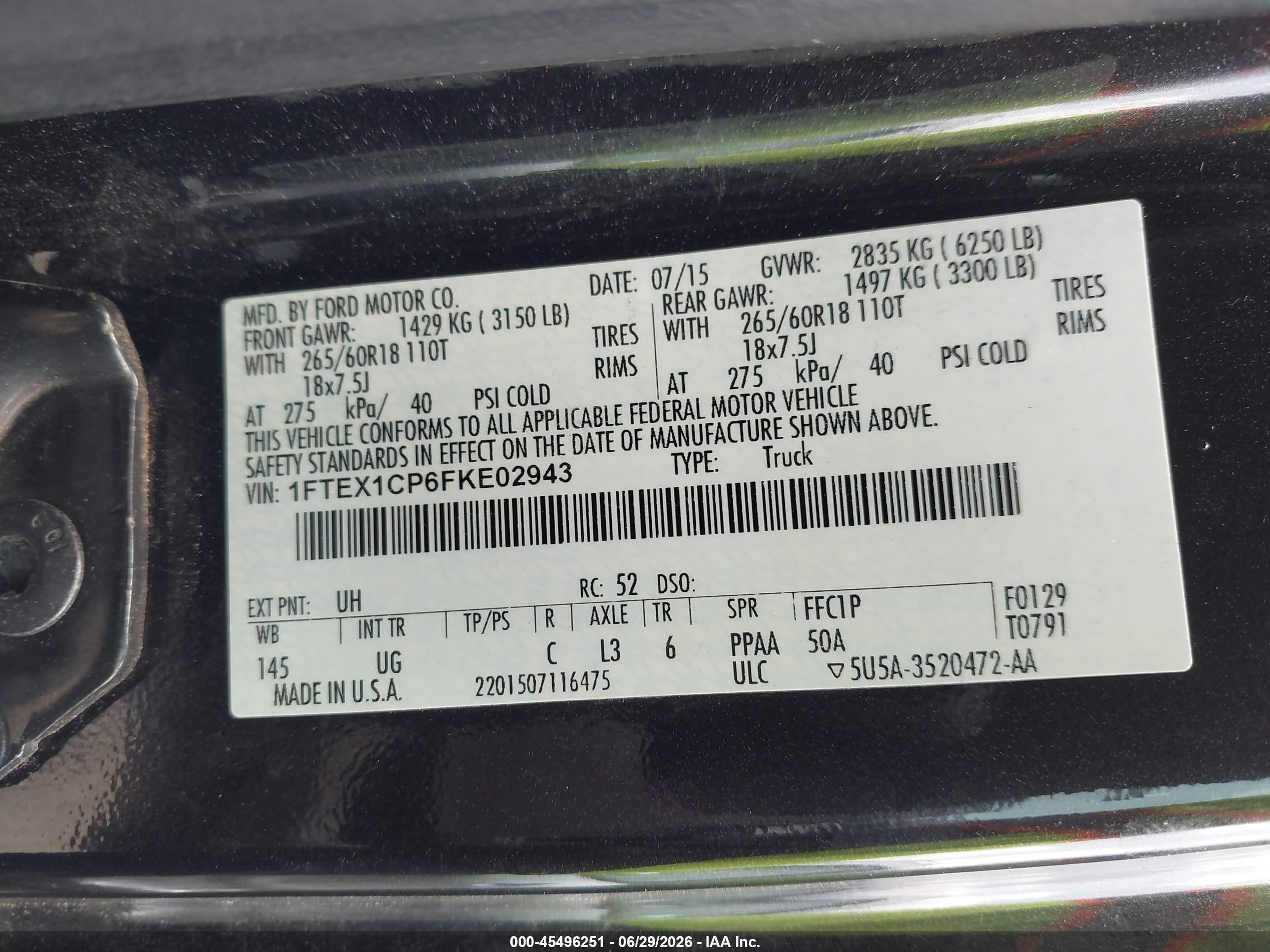 2015 Ford F-150 Lariat/xl/xlt Black vin: 1FTEX1CP6FKE02943