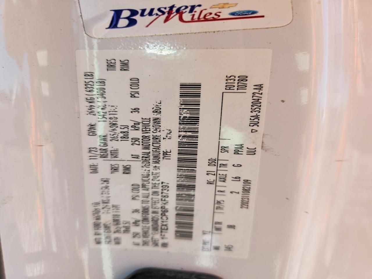 2023 Ford F150 Super Cab White vin: 1FTEX1CP6PKF87397