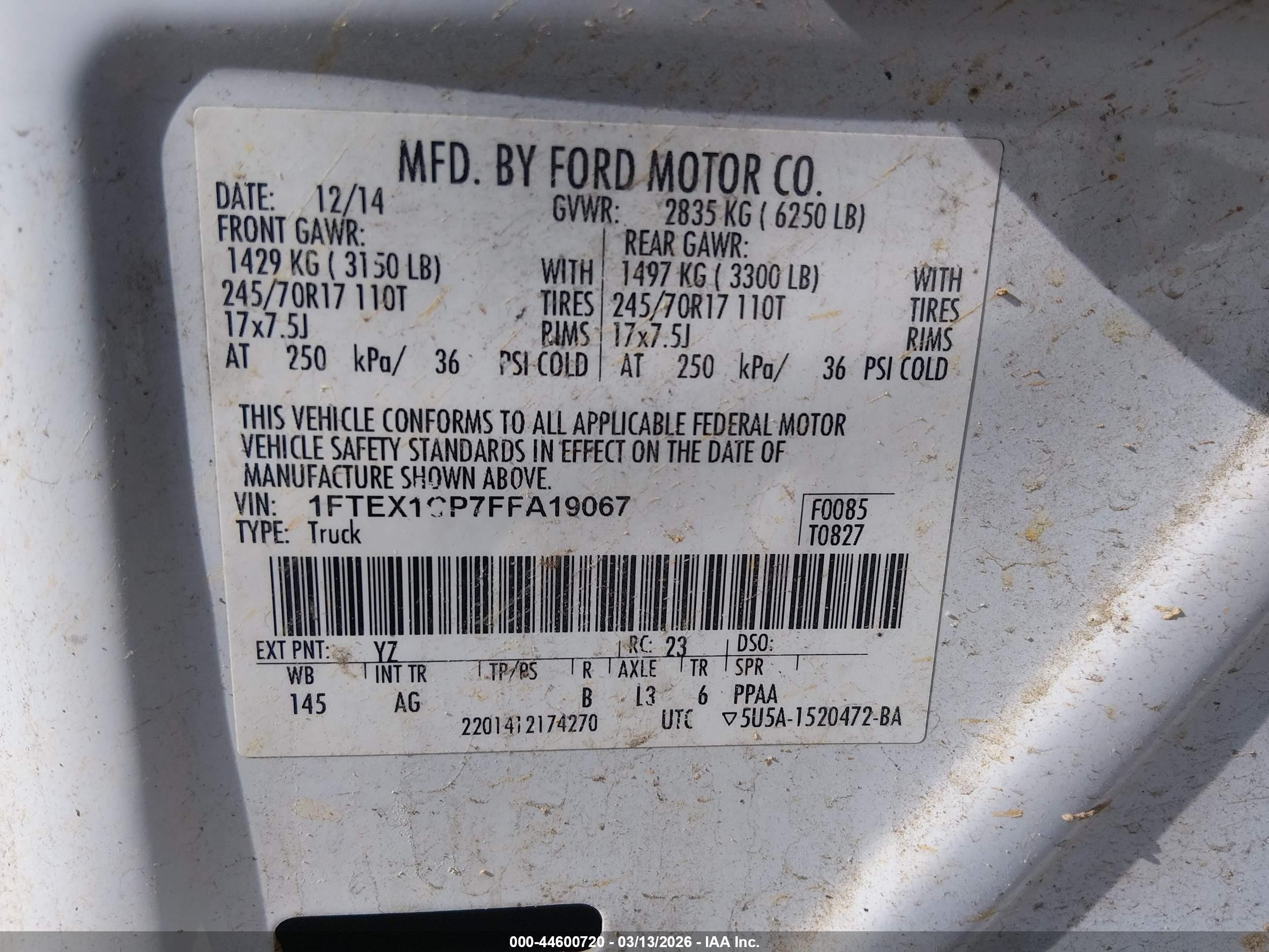 2015 Ford F-150 Xl White vin: 1FTEX1CP7FFA19067