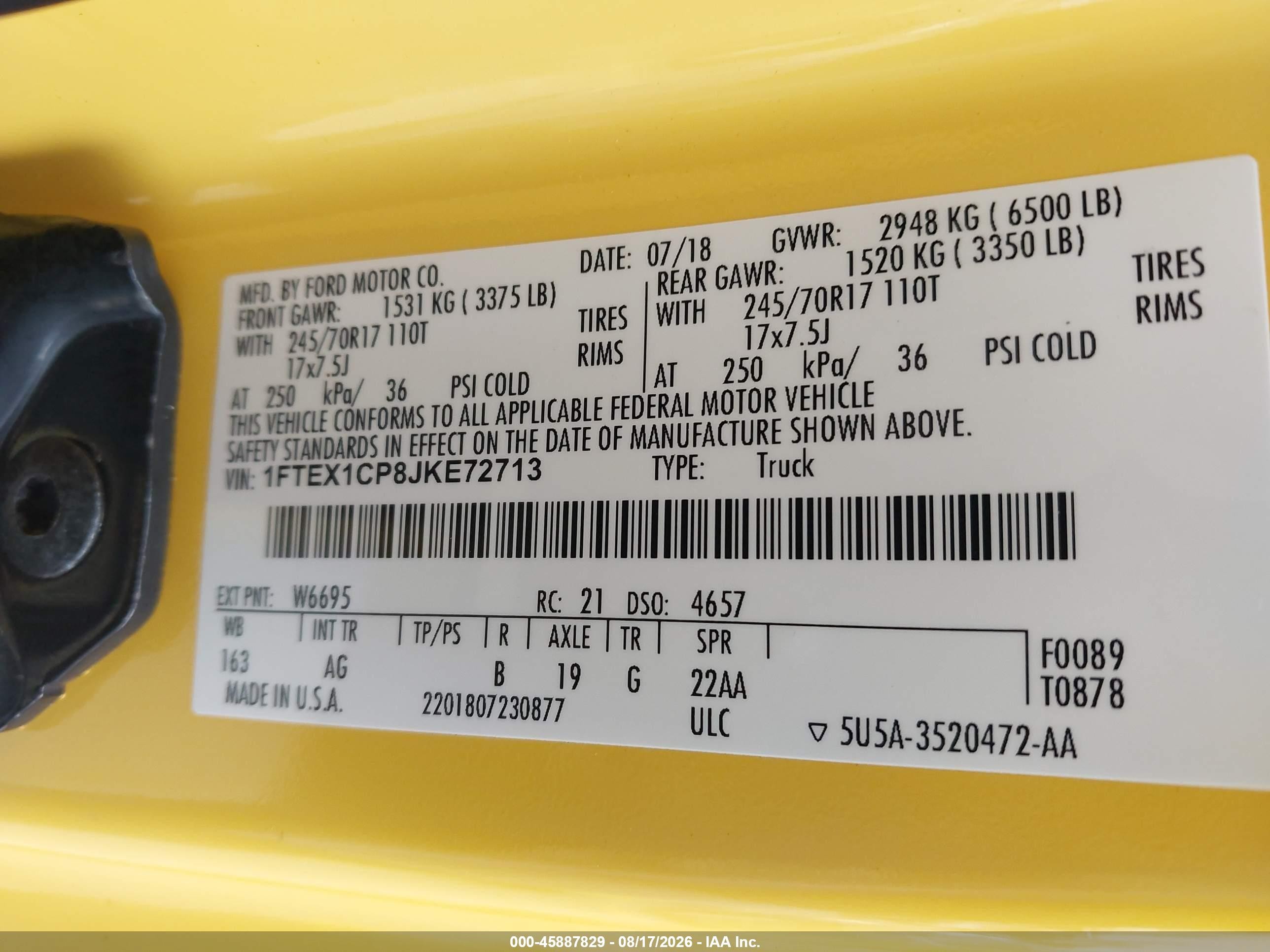 2018 Ford F-150 Xl Yellow vin: 1FTEX1CP8JKE72713