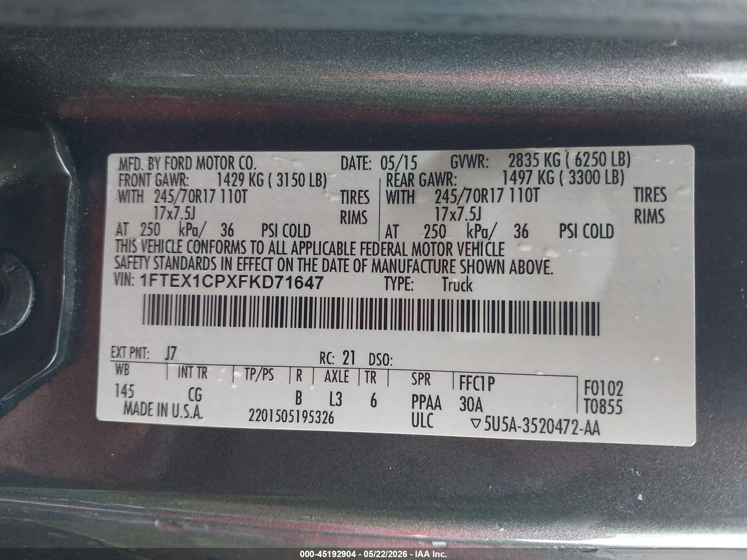 2015 Ford F-150 Xl Gray vin: 1FTEX1CPXFKD71647