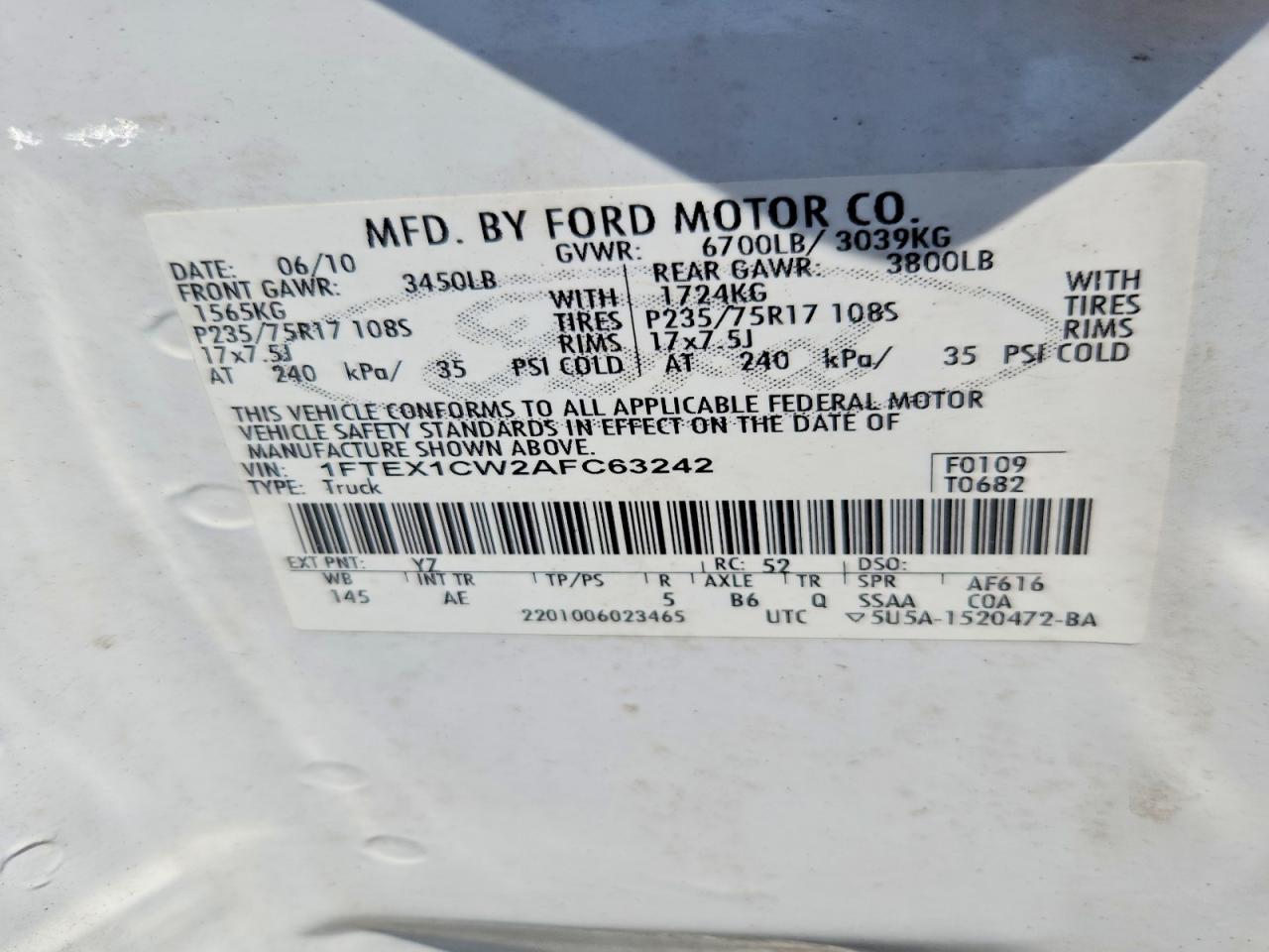 2010 Ford F150 Super Cab White vin: 1FTEX1CW2AFC63242
