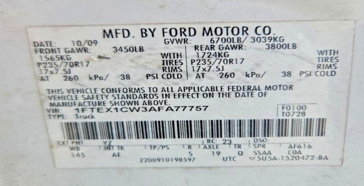 2010 Ford F150 Super Cab White vin: 1FTEX1CW3AFA77757