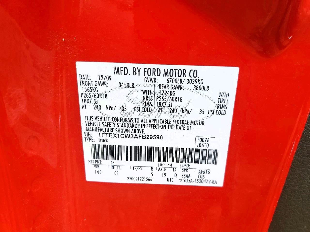 2010 Ford F150 Super Cab Red vin: 1FTEX1CW3AFB29596