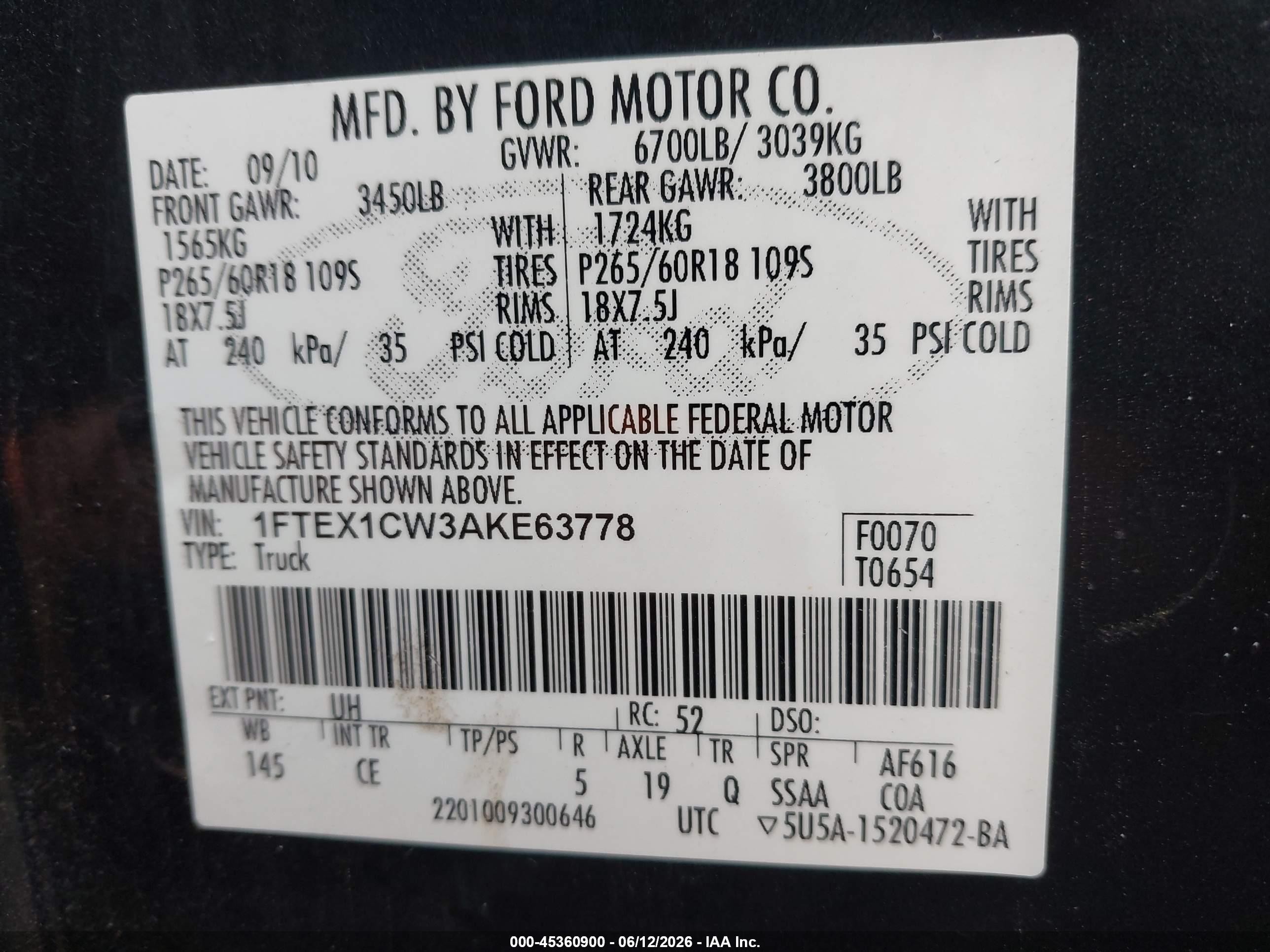 2010 Ford F-150 Stx/xl Black vin: 1FTEX1CW3AKE63778