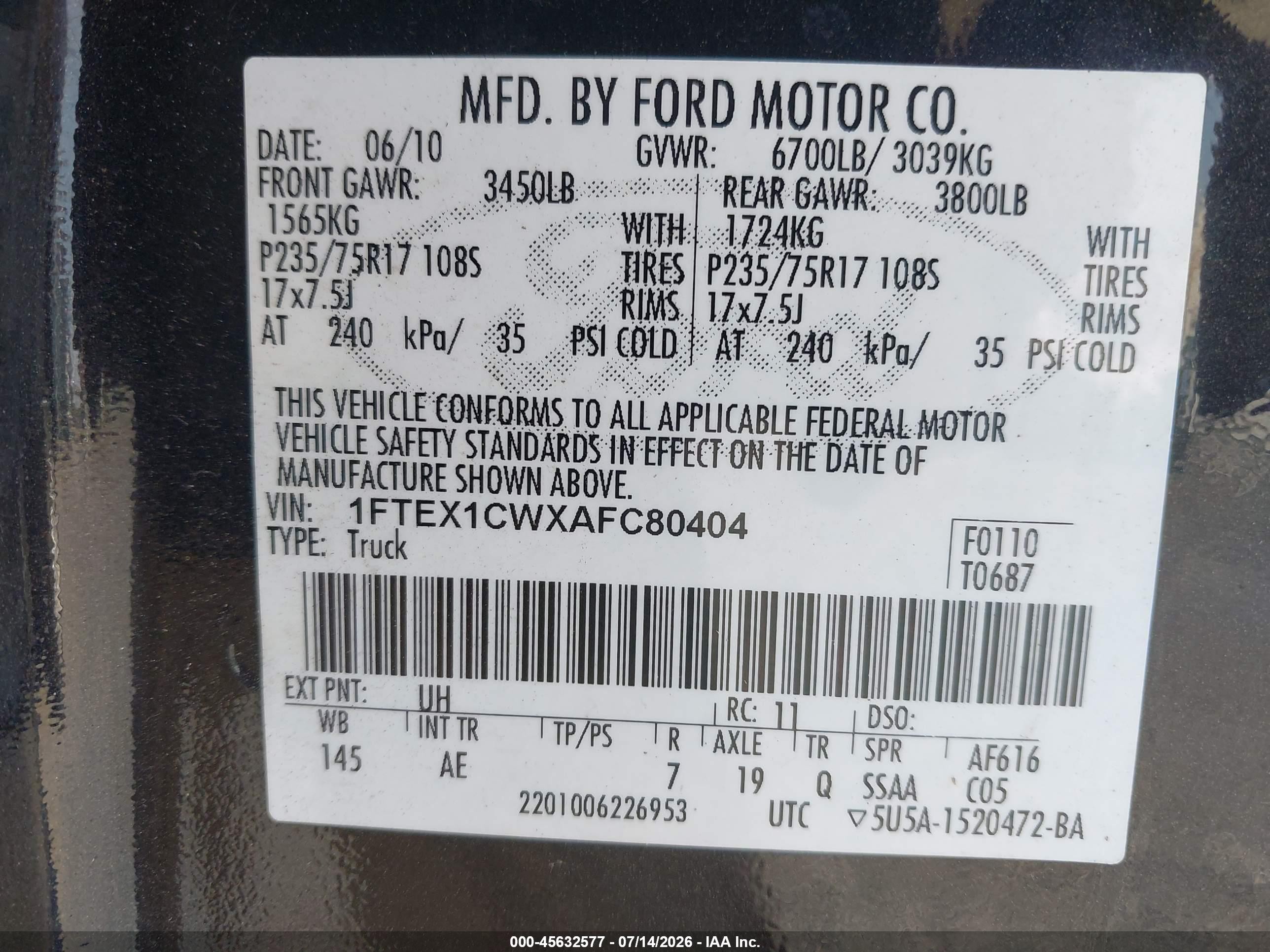 2010 Ford F-150 Xl Black vin: 1FTEX1CWXAFC80404