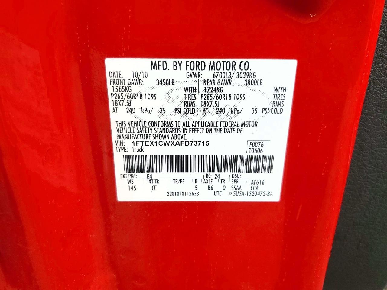 2010 Ford F150 Super Cab Red vin: 1FTEX1CWXAFD73715