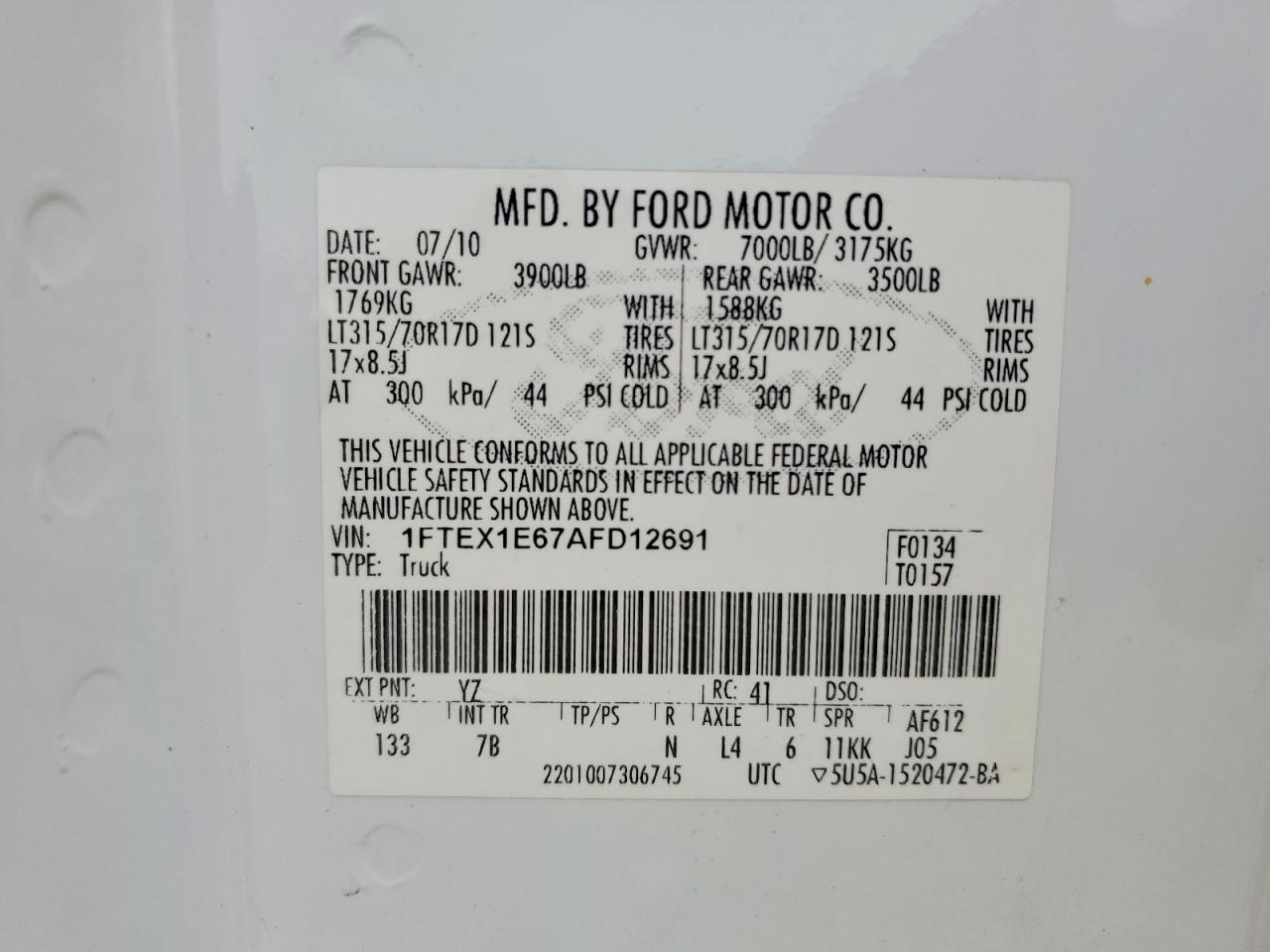2010 Ford F150 Super Cab White vin: 1FTEX1E67AFD12691